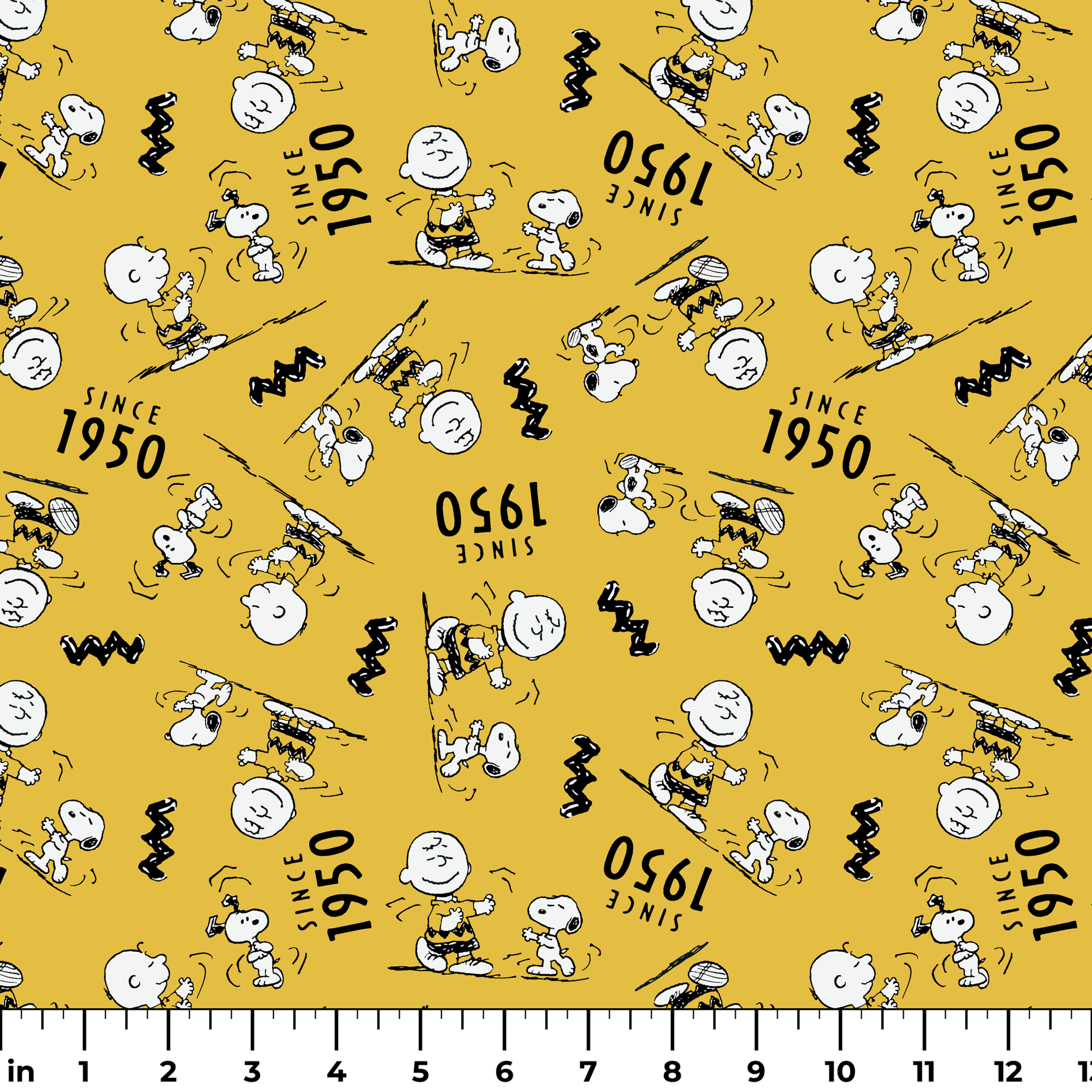 Peanuts cartoon pattern on yellow background with Snoopy and Charlie Brown, "Since 1950" text ruler
