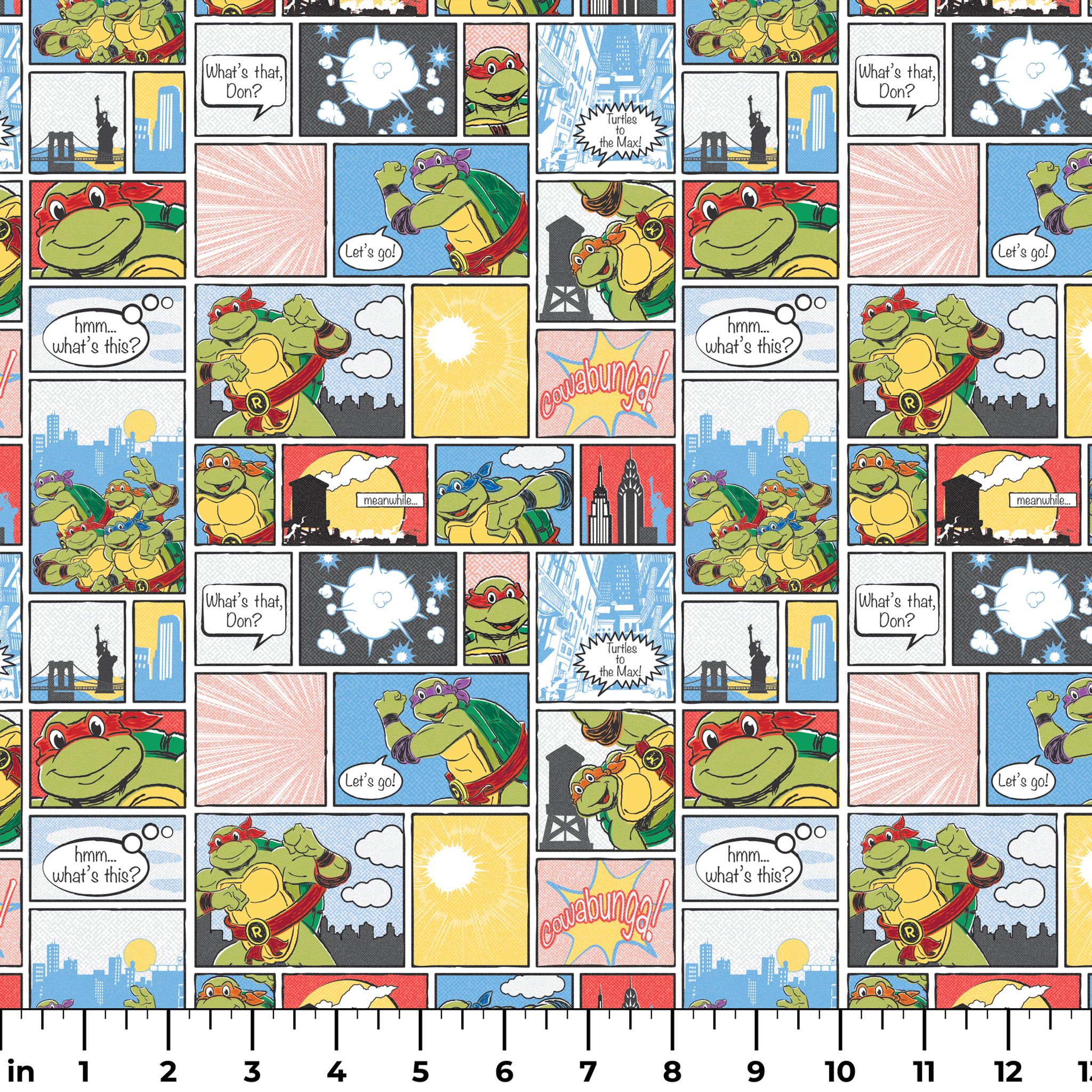 Comic-style grid featuring Teenage Mutant Ninja Turtles with speech bubbles, action scenes, and colorful panels ruler