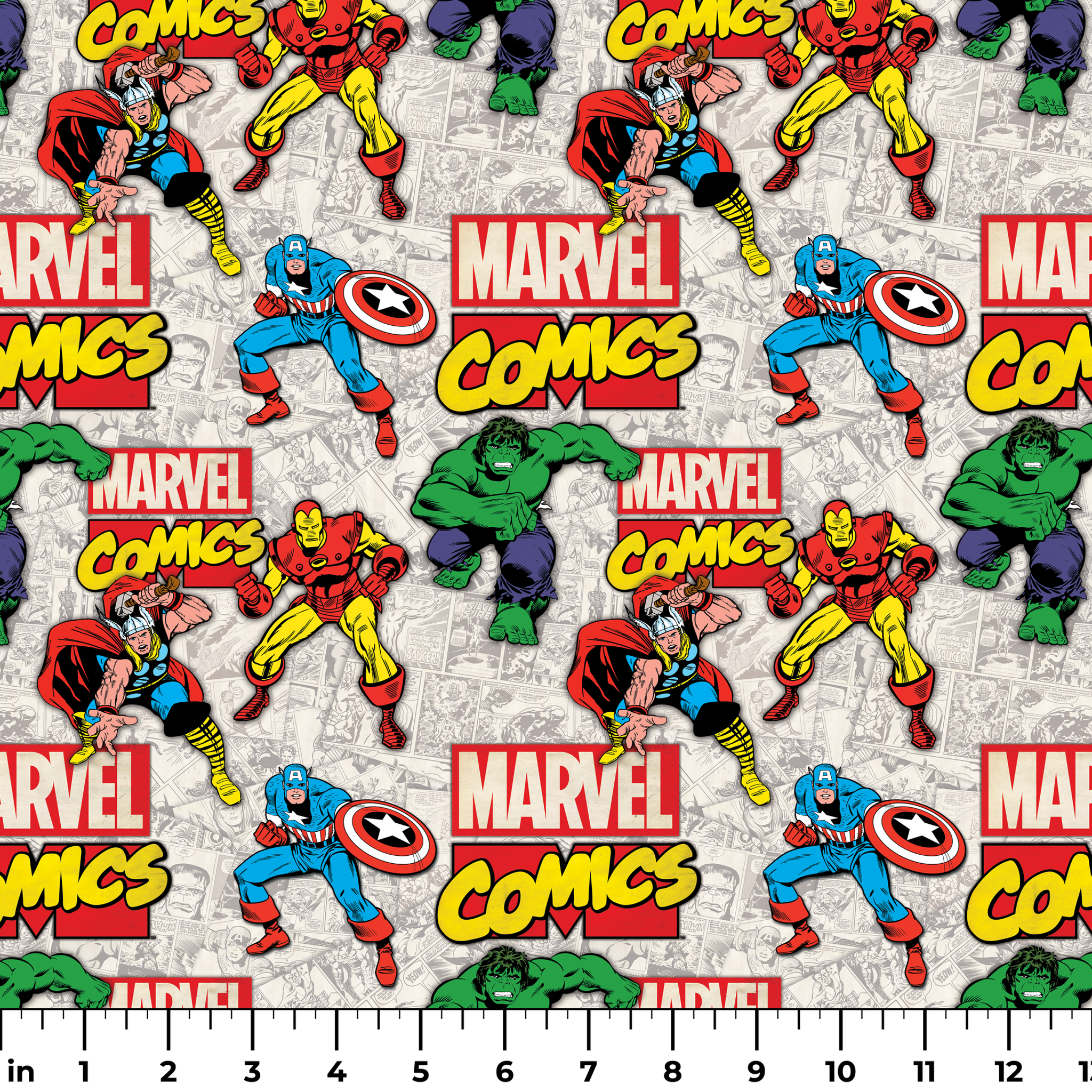 Marvel Comics collage pattern featuring iconic superheroes in action poses against comic book page background ruler