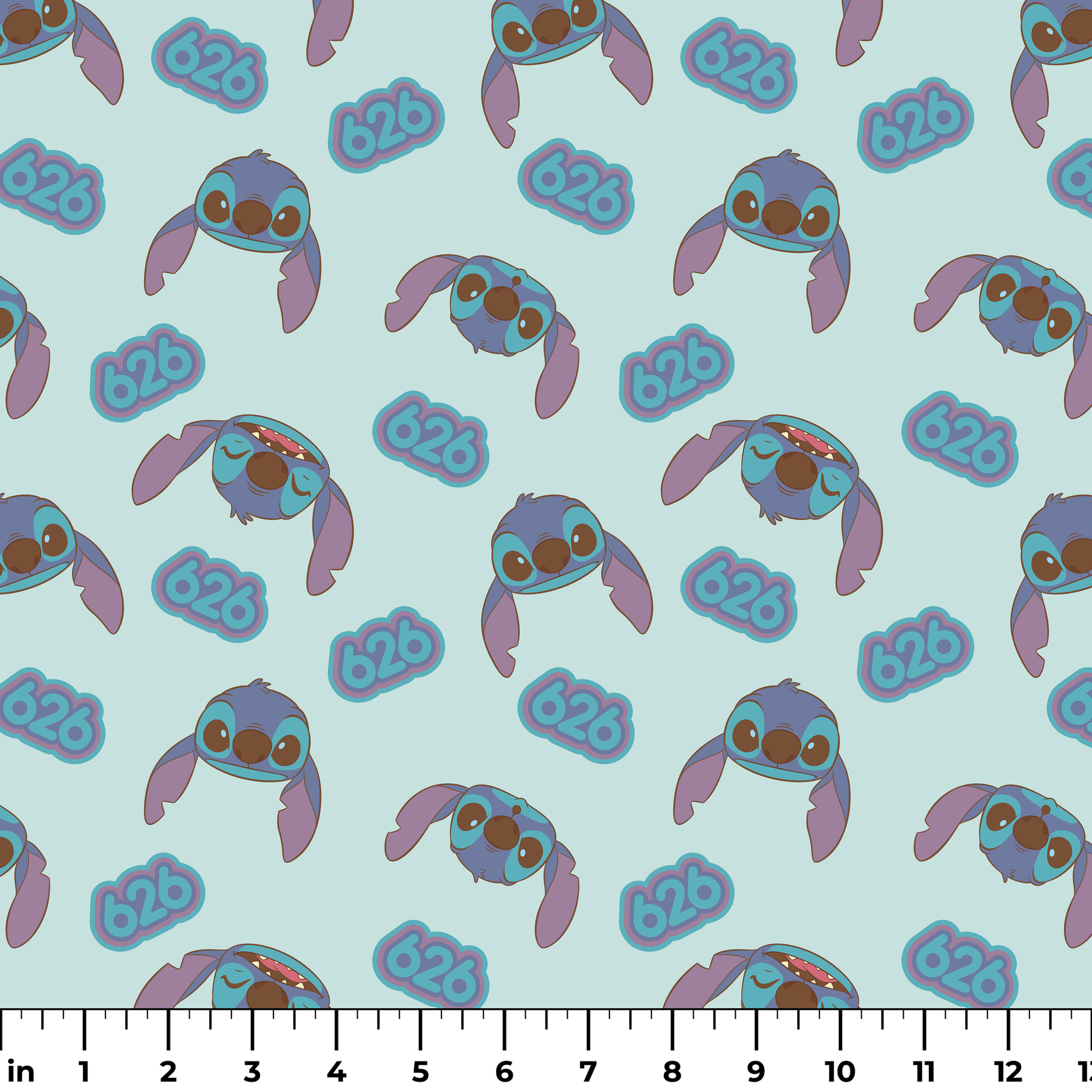 Blue cartoon creatures with large ears and swirl patterns on light teal background ruler