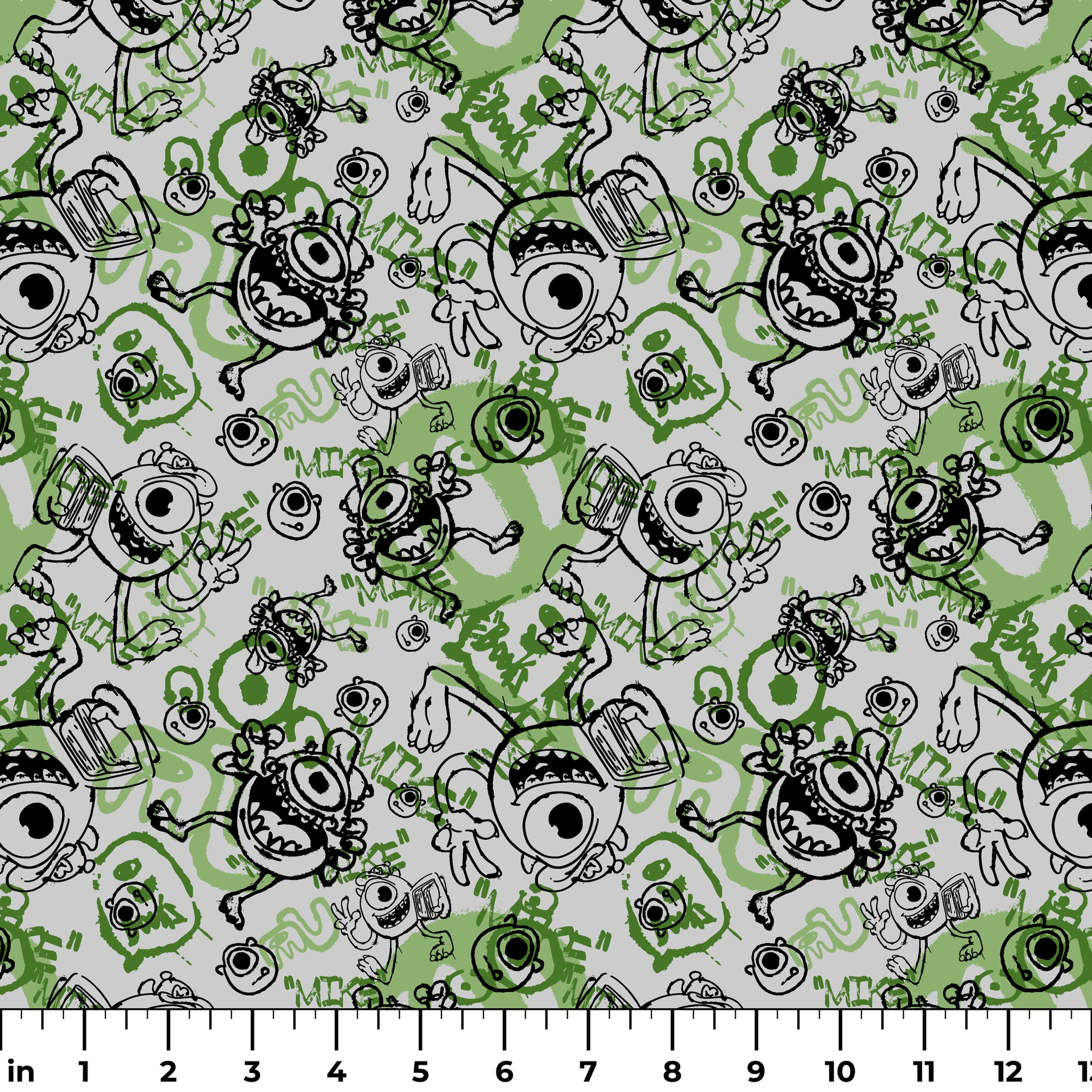 Cartoon monsters doodle pattern in black and green on white background with large eyes and silly expressions ruler