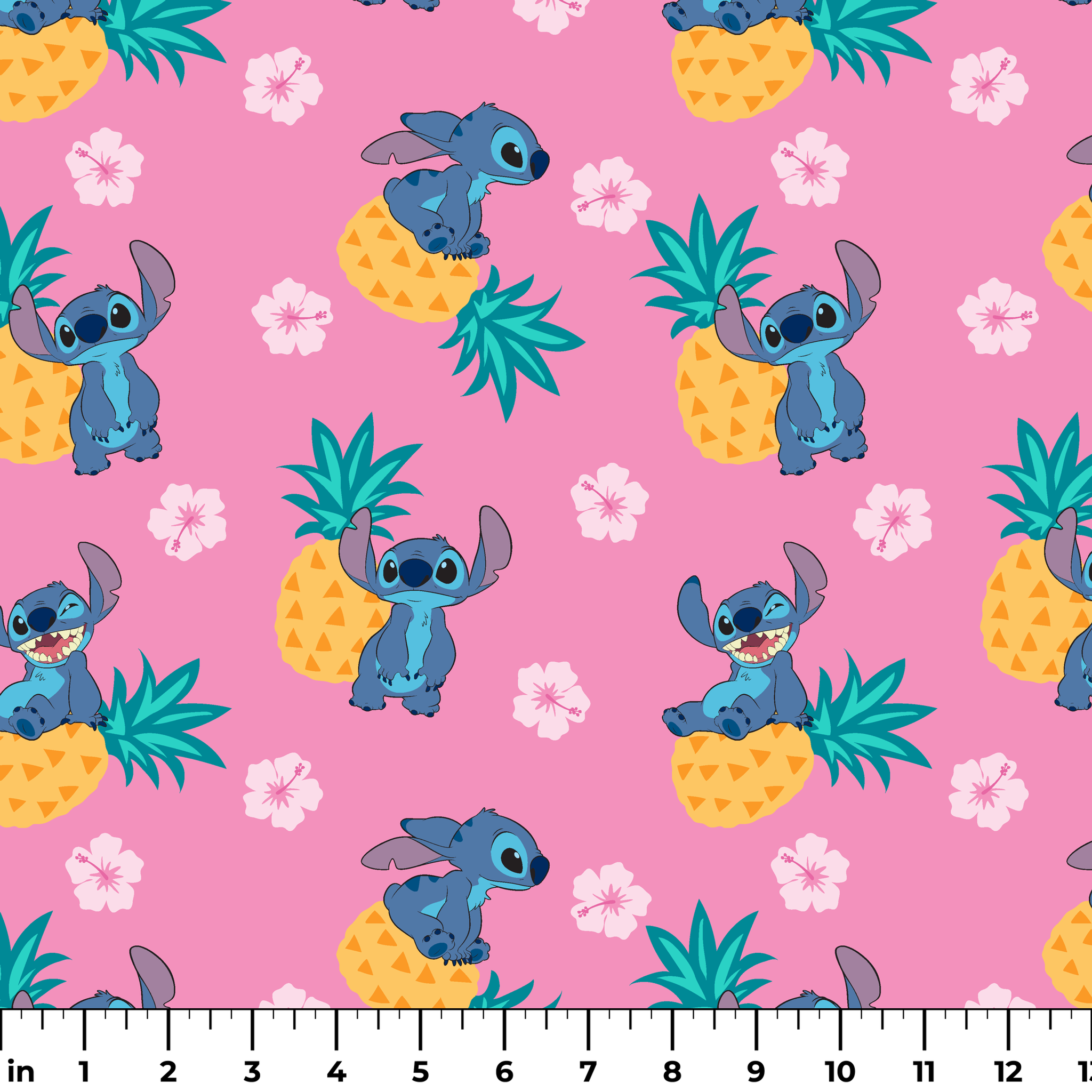 Stitch characters with pineapples and white hibiscus flowers on pink background pattern ruler