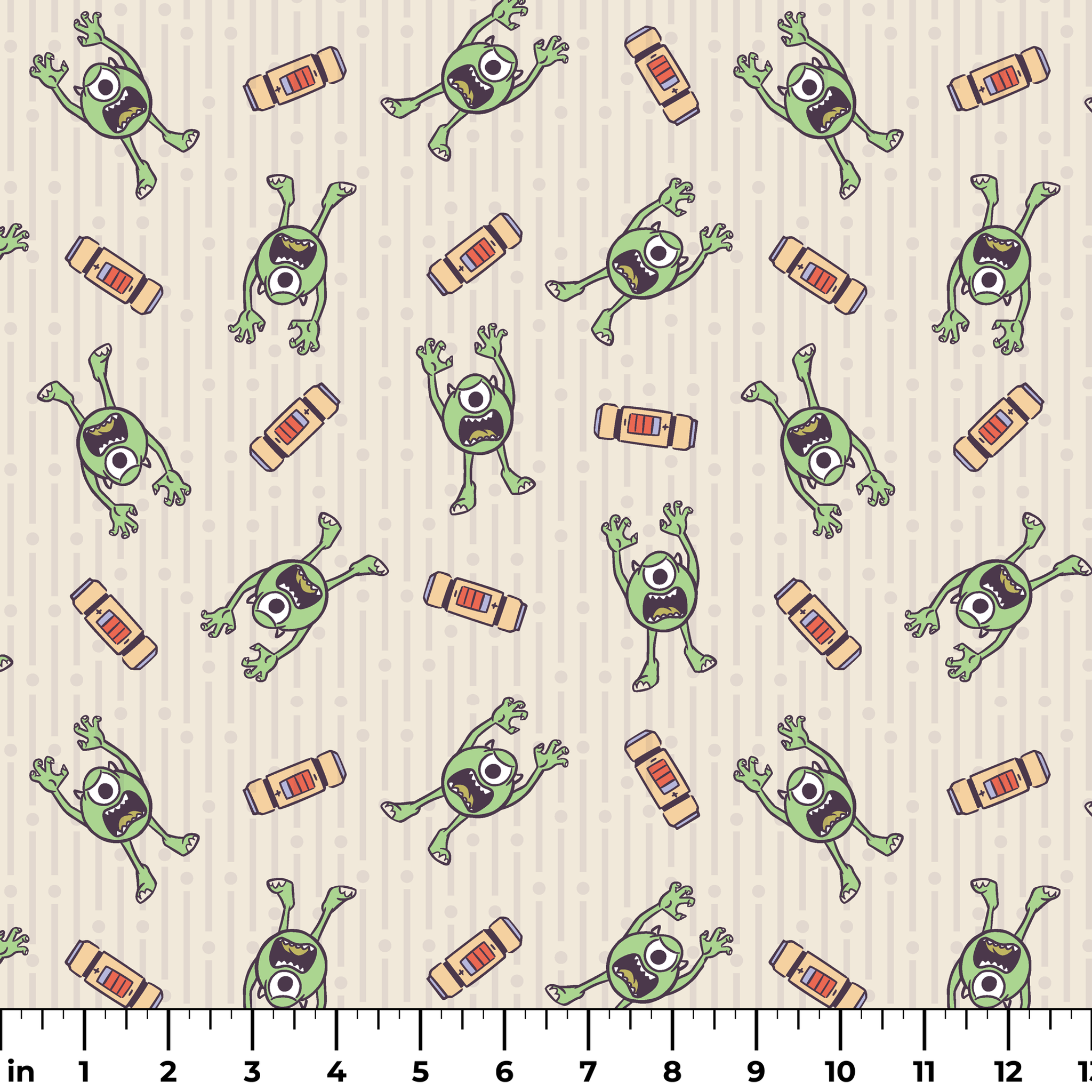 Cartoon Mike Wazowski pattern on light striped background ruler