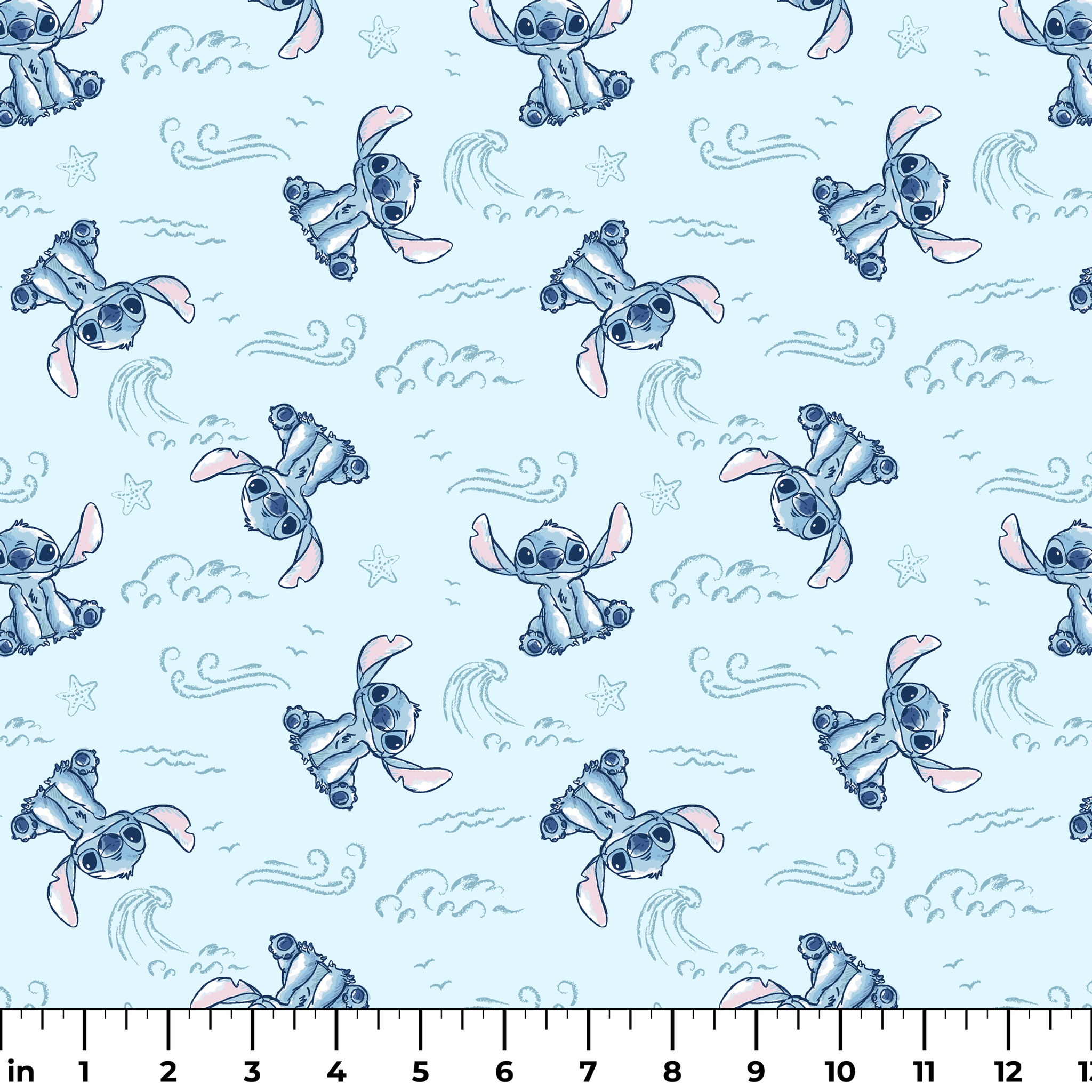 Blue cartoon alien characters with large ears in playful poses against light blue background with swirls and stars pattern ruler