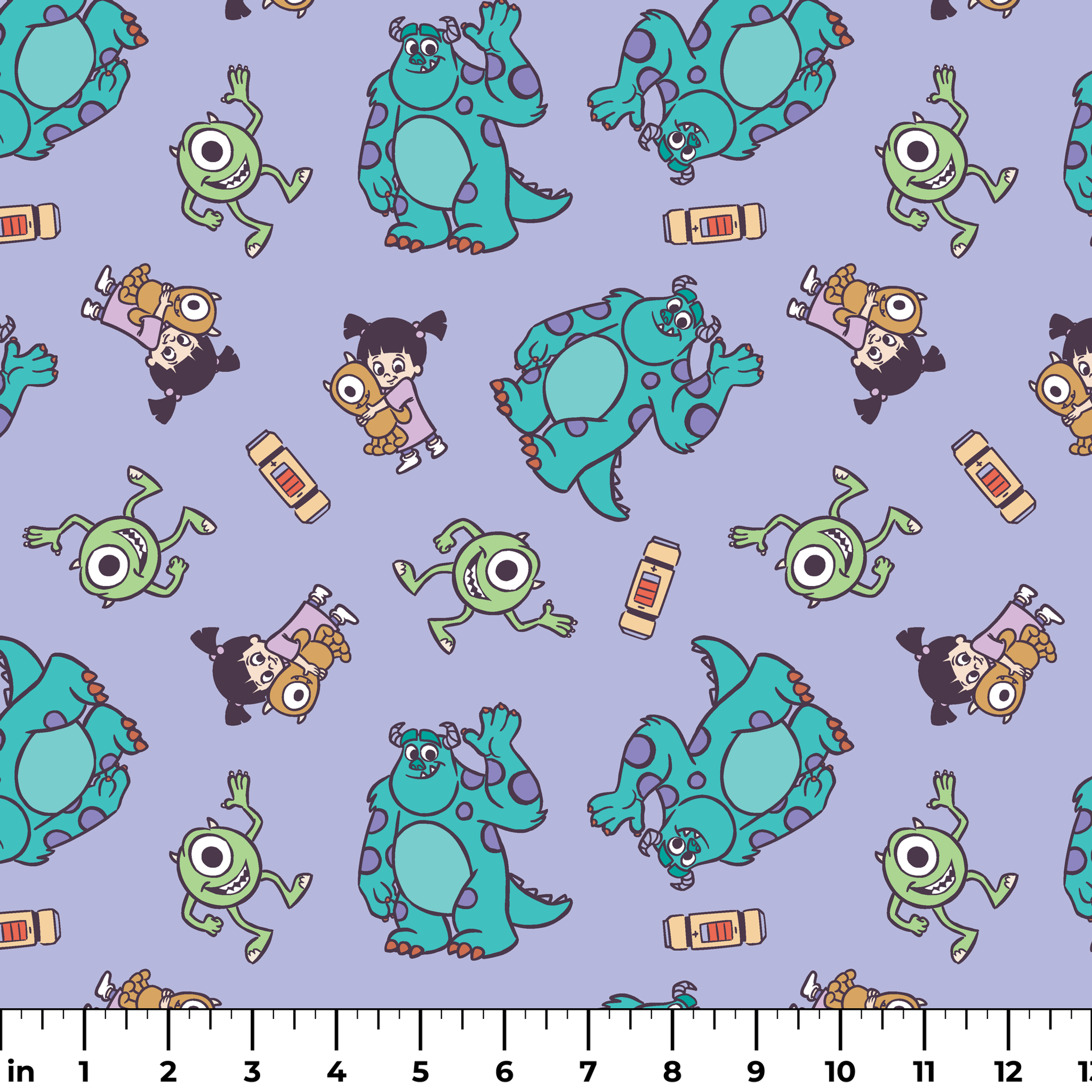 Cartoon pattern of Monsters Inc characters - Mike, Sulley, and Boo - on a purple background ruler