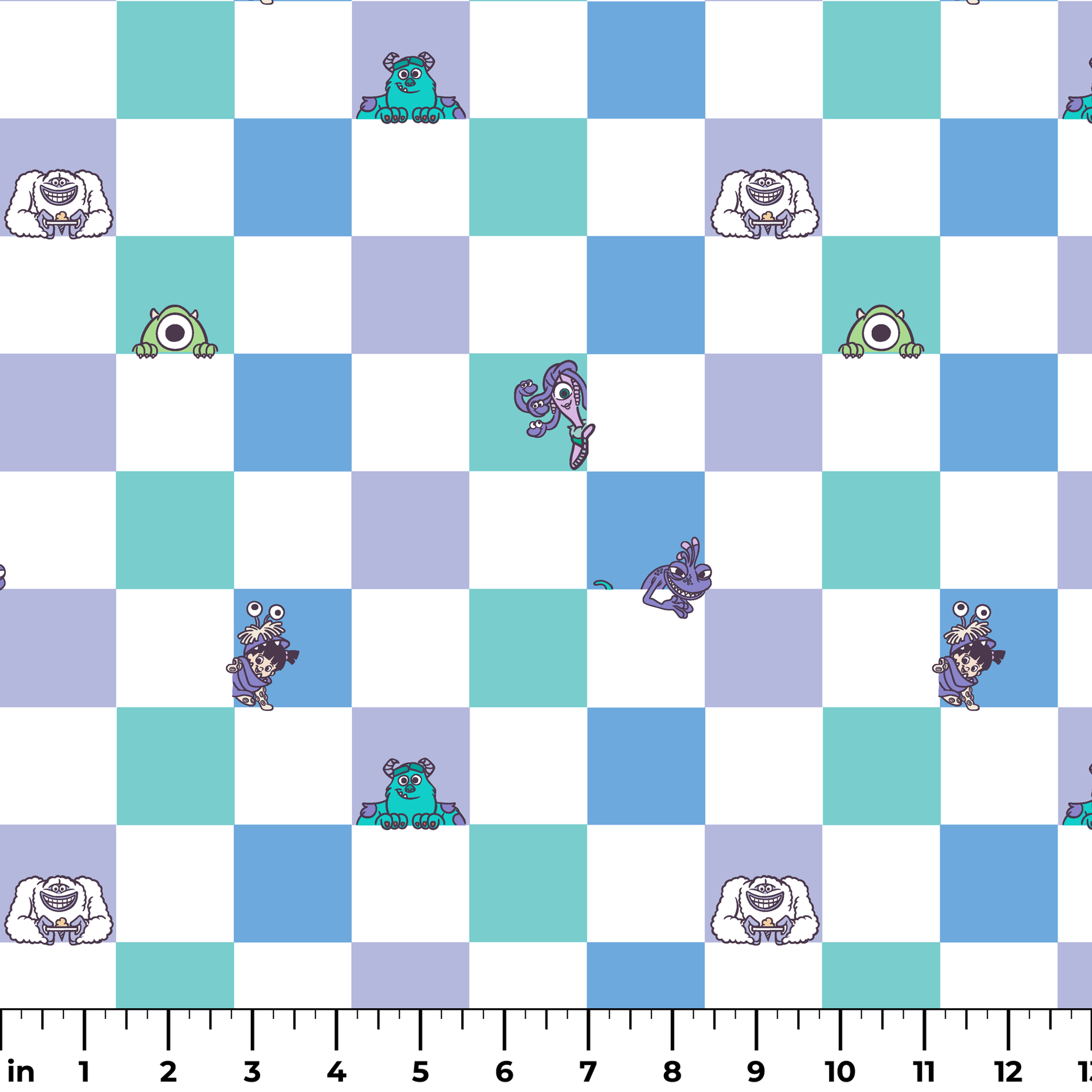 Monsters Inc characters on a checkered pattern of white, mint green, light purple, and blue squares ruler