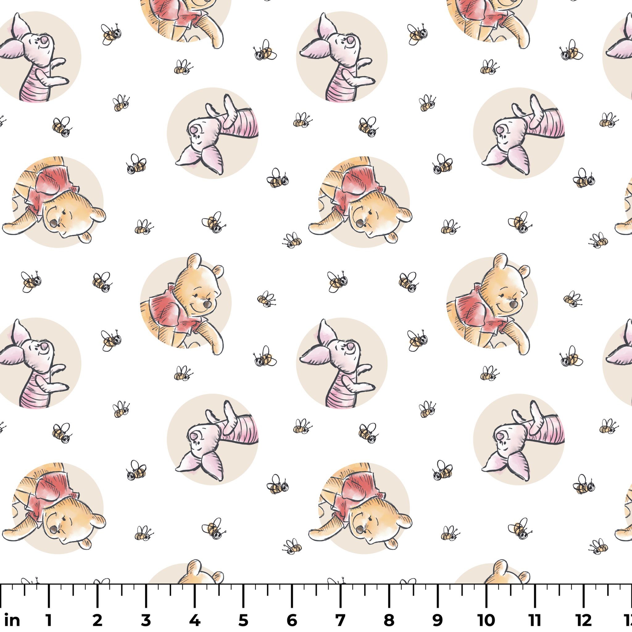 Cute cartoon Winnie the Pooh and Piglet pattern with circular vignettes and buzzing bees ruler