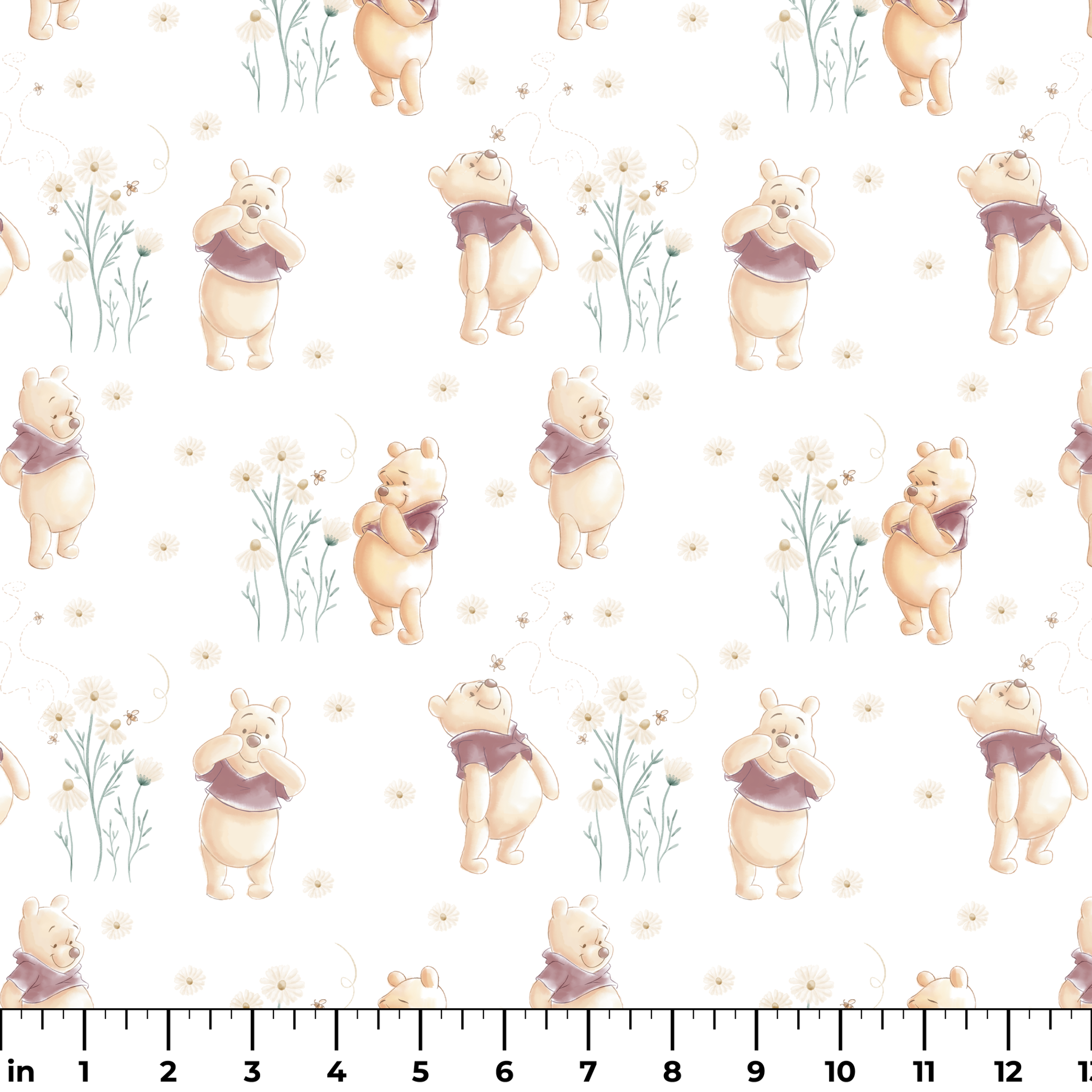 Winnie the Pooh pattern with cartoon bear in red shirt amid delicate white flowers ruler