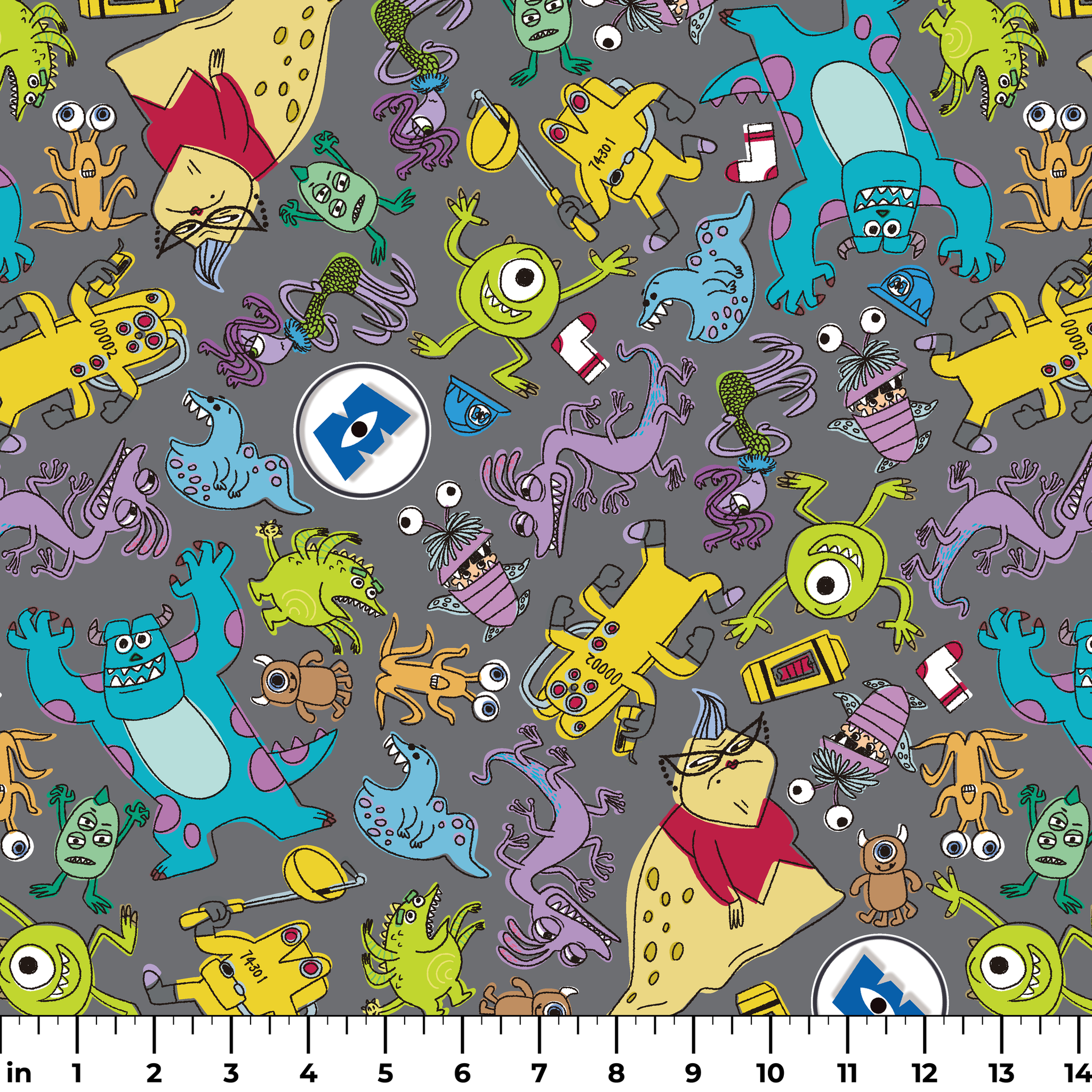 Colorful Monsters Inc pattern with various whimsical creatures in yellow, blue, green, and purple on a gray background. ruler