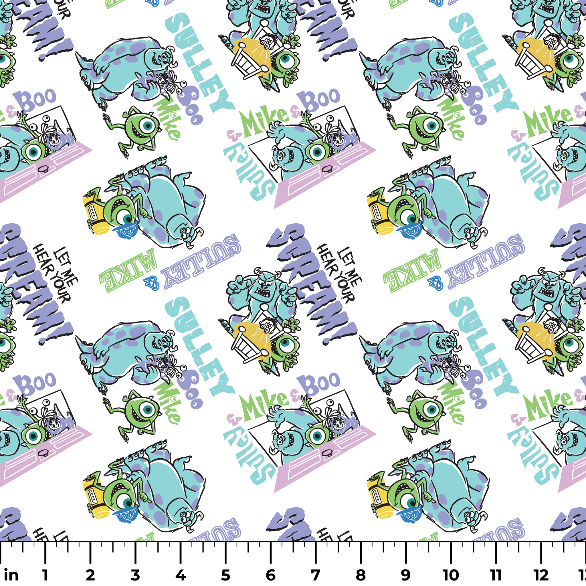 Monsters Inc pattern with Sulley and Mike characters in blue and green, with text like "Boo" and "Monsters" scattered throughout. ruler