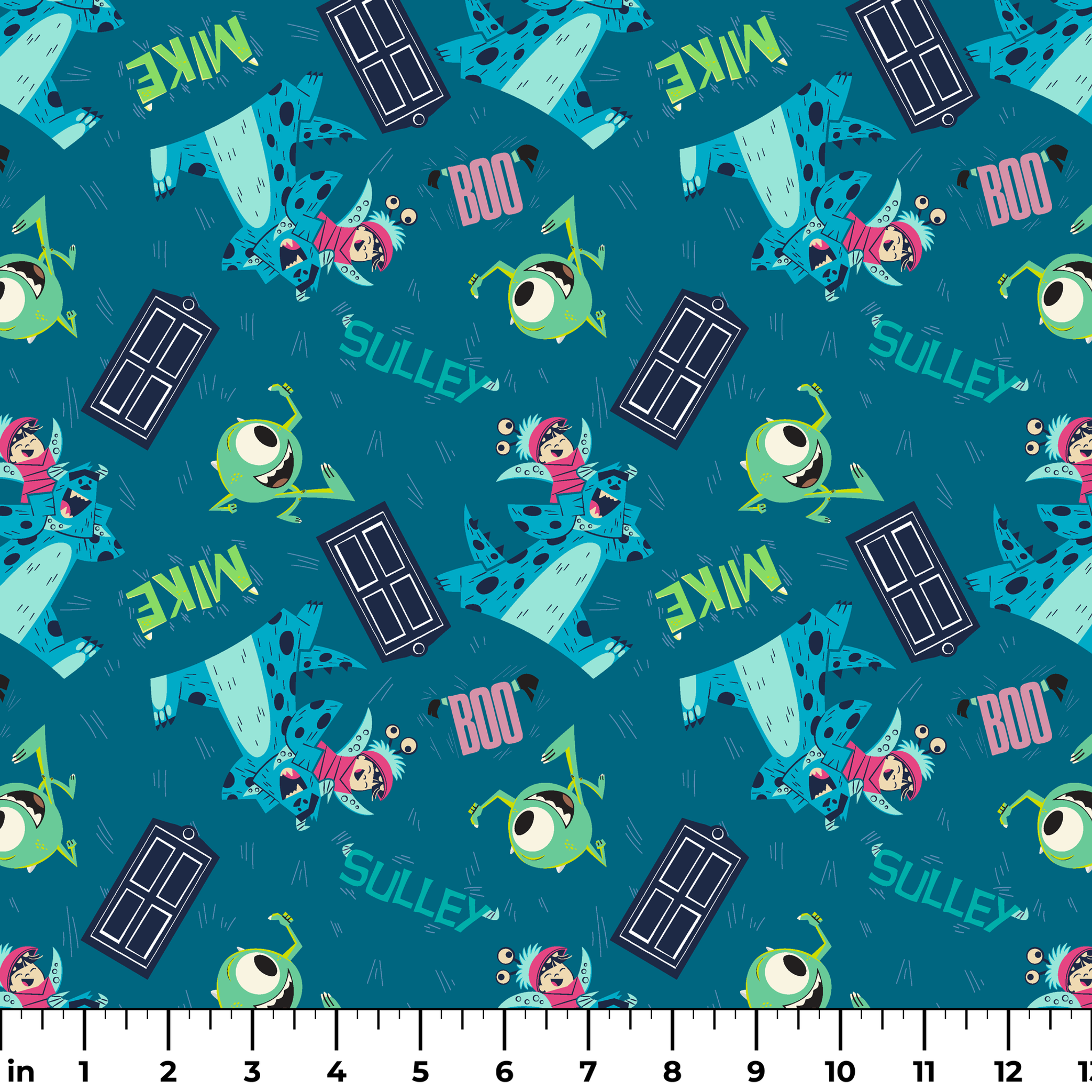 Monsters Inc pattern with Mike, Sulley, Boo characters, and doors on teal background ruler