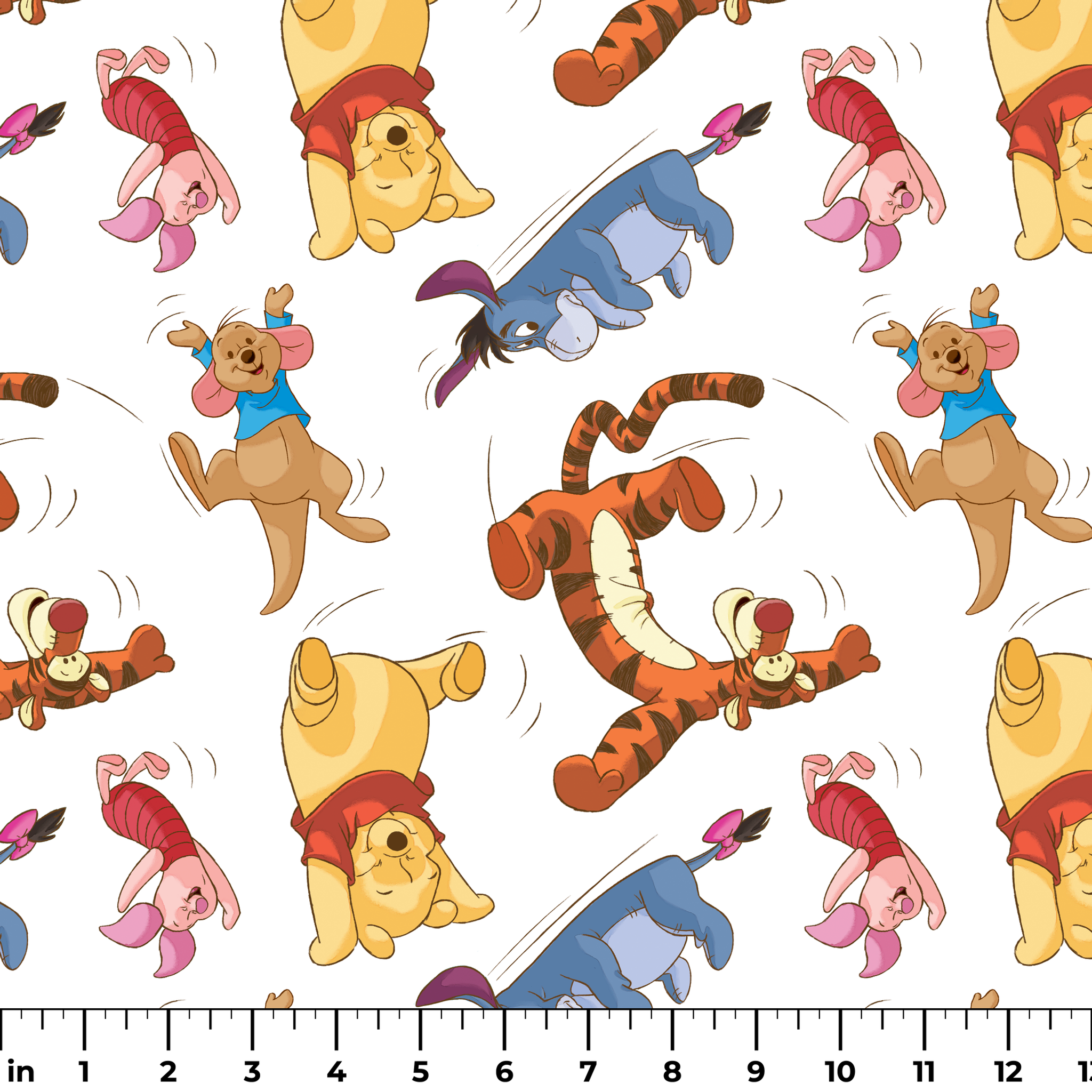 Colorful pattern featuring Winnie the Pooh characters jumping and bouncing on white background ruler