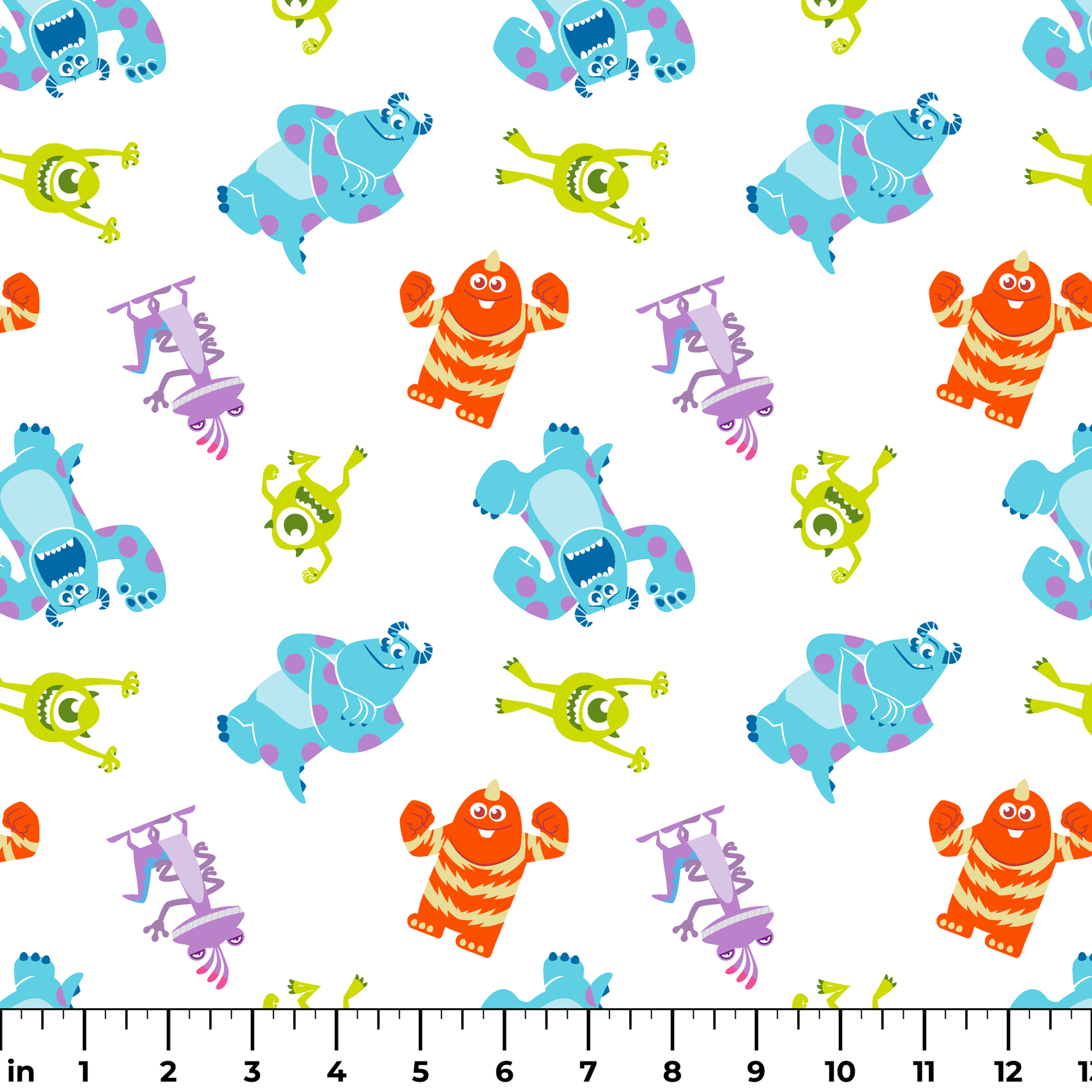 Cartoon monsters pattern with colorful characters - blue, green, purple and orange creatures on white background ruler