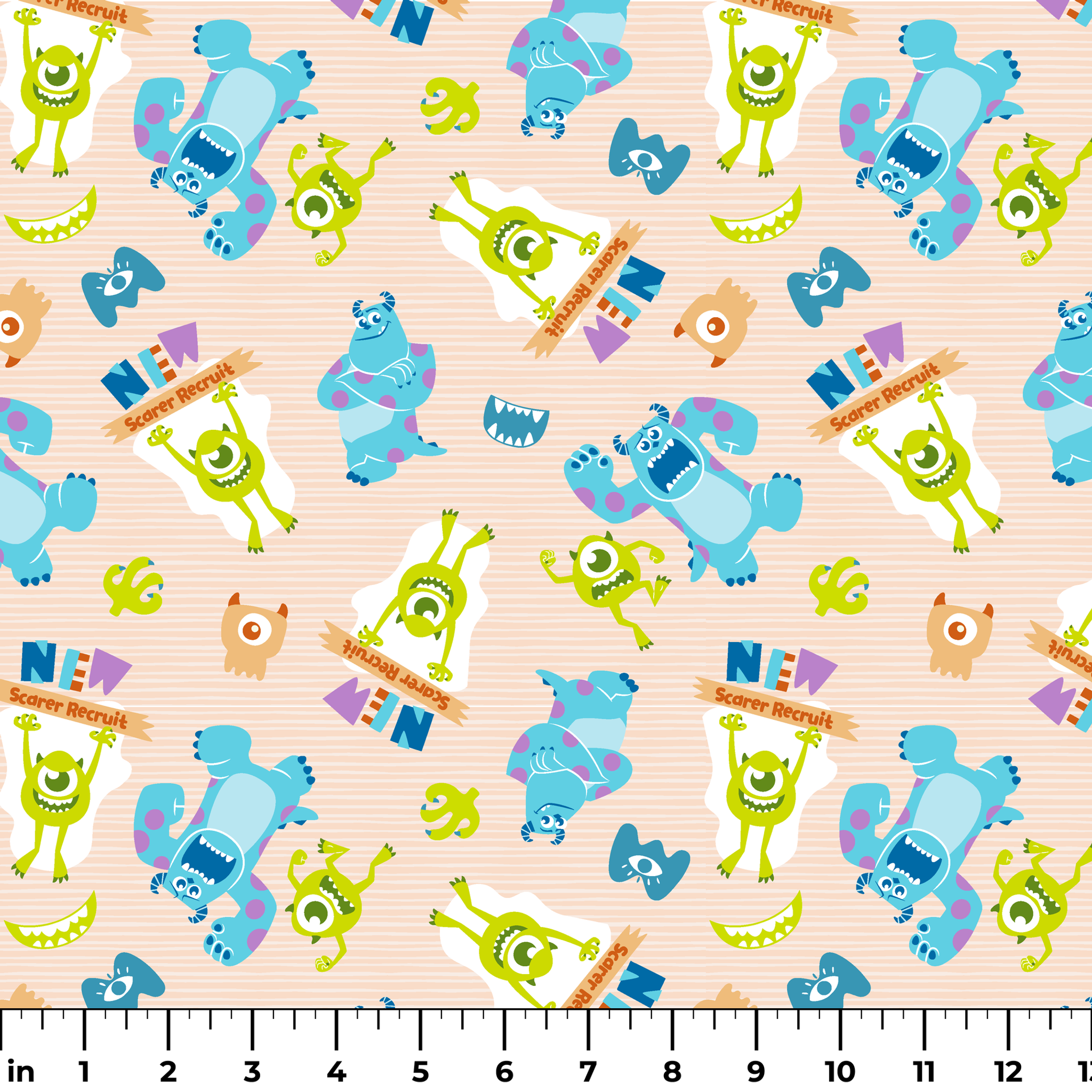 Colorful Monsters Inc pattern with Mike and Sully characters on peach background with scattered letters ruler
