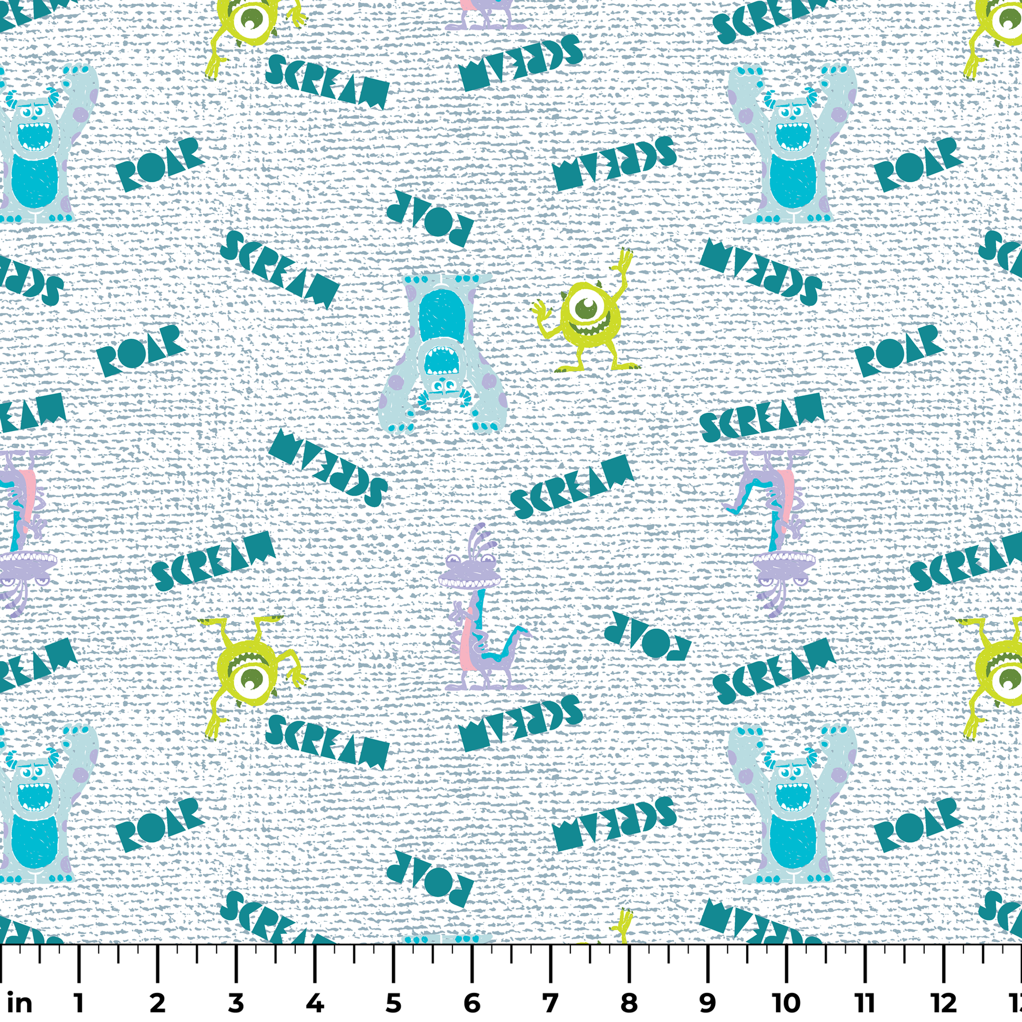 Monsters Inc pattern with teal "SCREAM" text, Mike Wazowski and Sulley on light textured background ruler