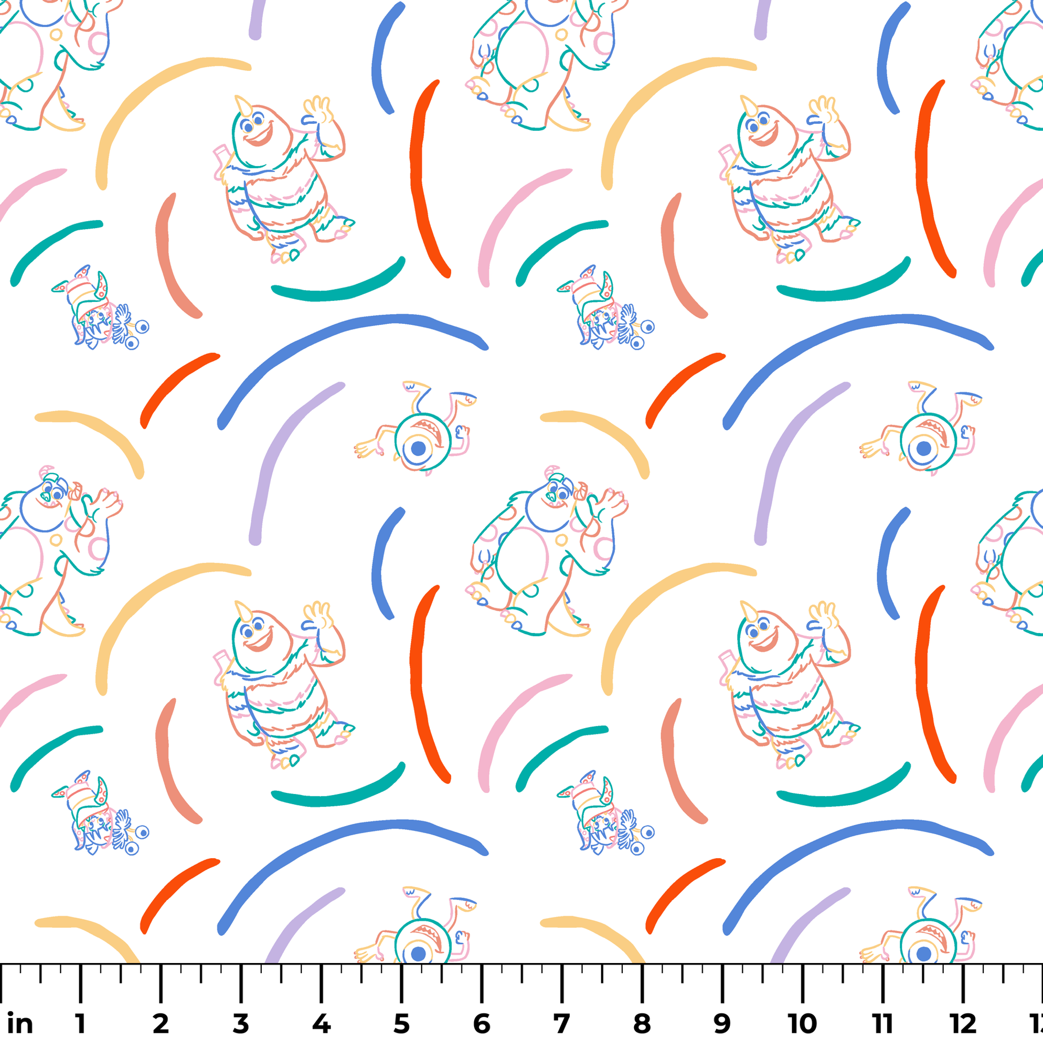 Colorful line drawing pattern with Monsters Inc characters  surrounded by curved arcs in rainbow colors ruler