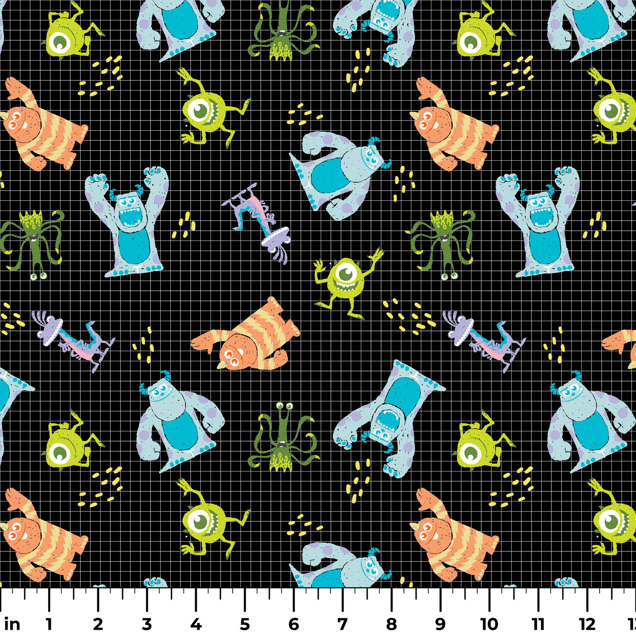 Monsters Inc pattern with Sulley, Mike, & friends on black grid background ruler