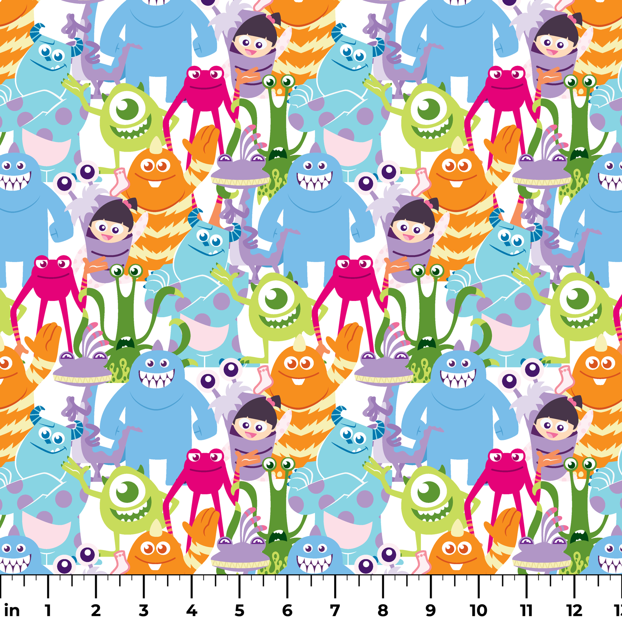 Colorful Monsters Inc pattern with various shapes, sizes and bright colors like blue, pink, orange and green. ruler