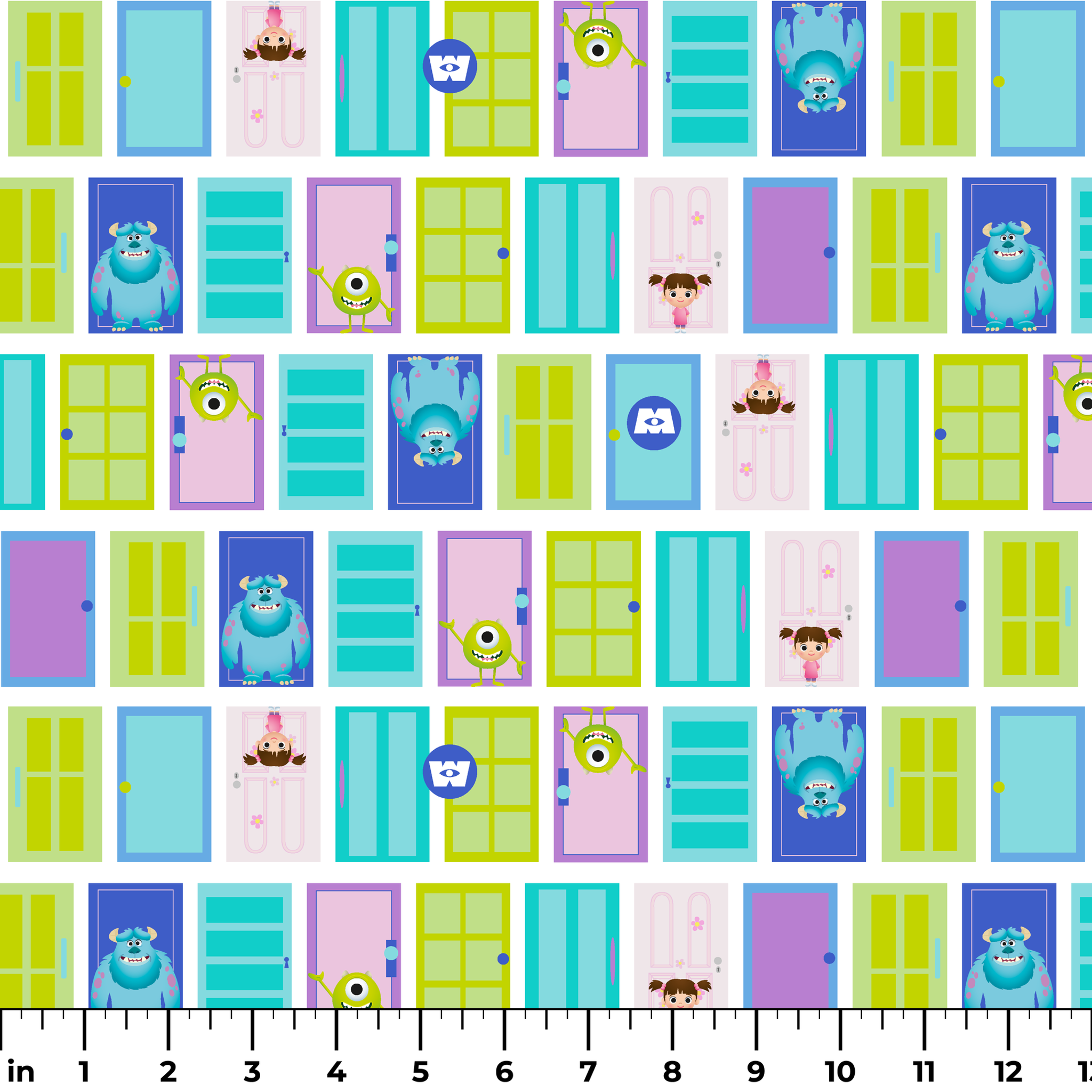 Colorful cartoon monster doors pattern inspired by Monsters Inc. with teal, purple, and green doors ruler