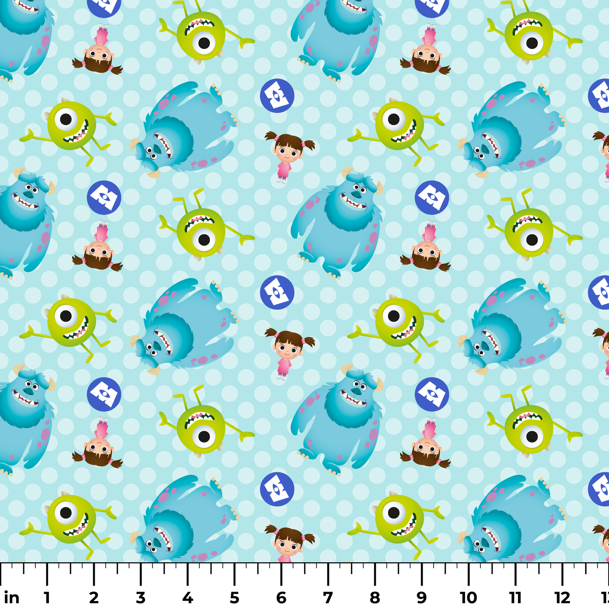 Cartoon Monsters Inc characters on light blue polka dot background ruler