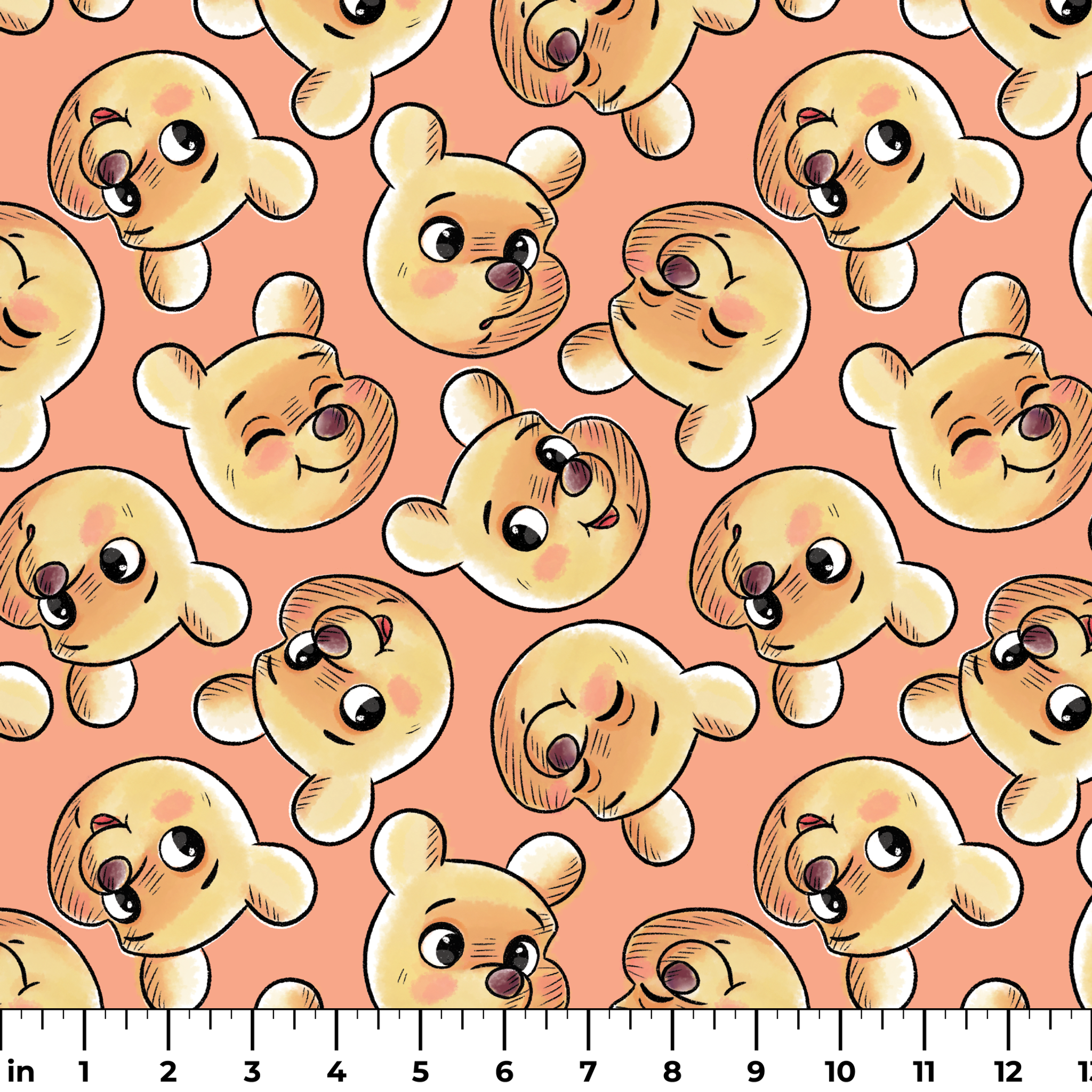 Cartoon teddy bear faces with cute expressions on peach background in repeating pattern ruler