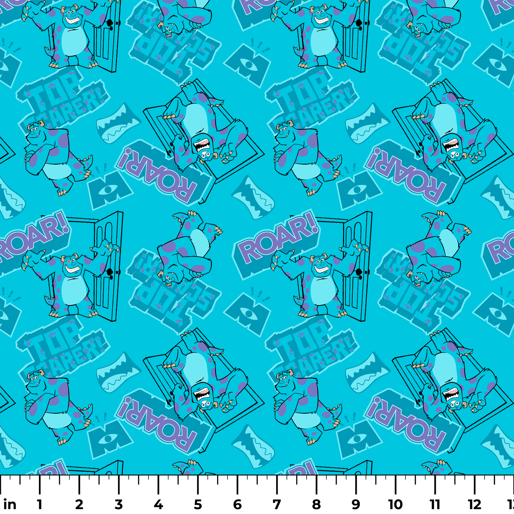 Monsters Inc's Sulley with "Roar" text and doorway motifs from movie ruler