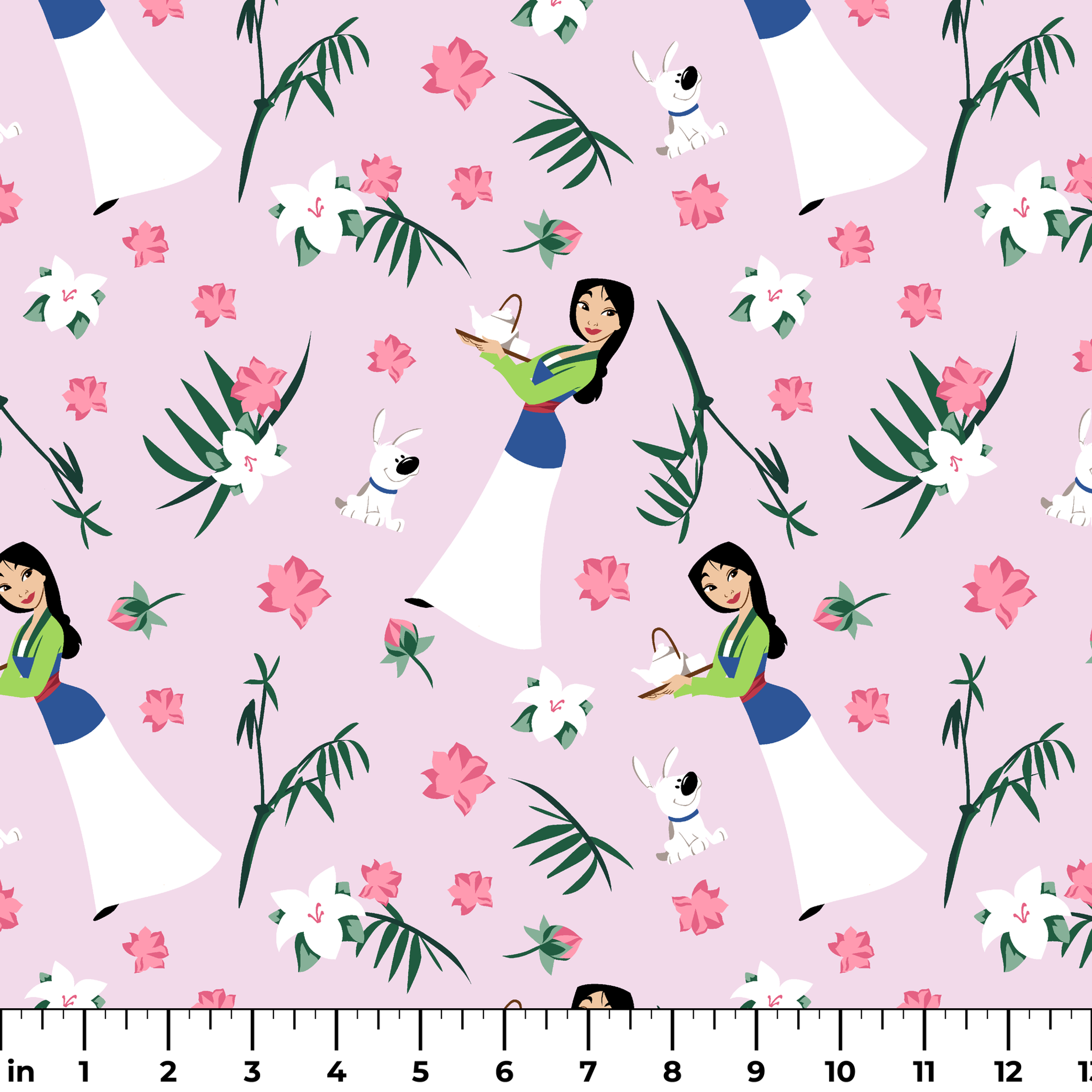 Illustrated pattern on light purple background with cartoon figures in white dresses, pink flowers, green palm leaves, and white rabbits. ruler