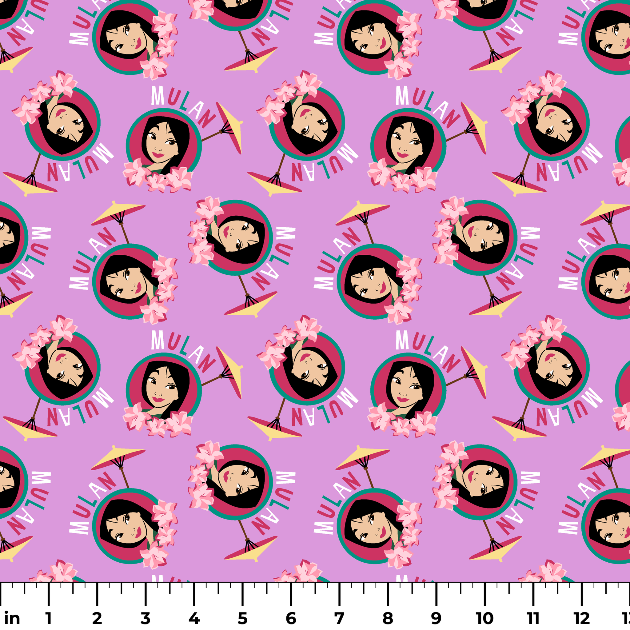 Animated character portrait pattern on purple background with pink flowers and yellow parasols ruler