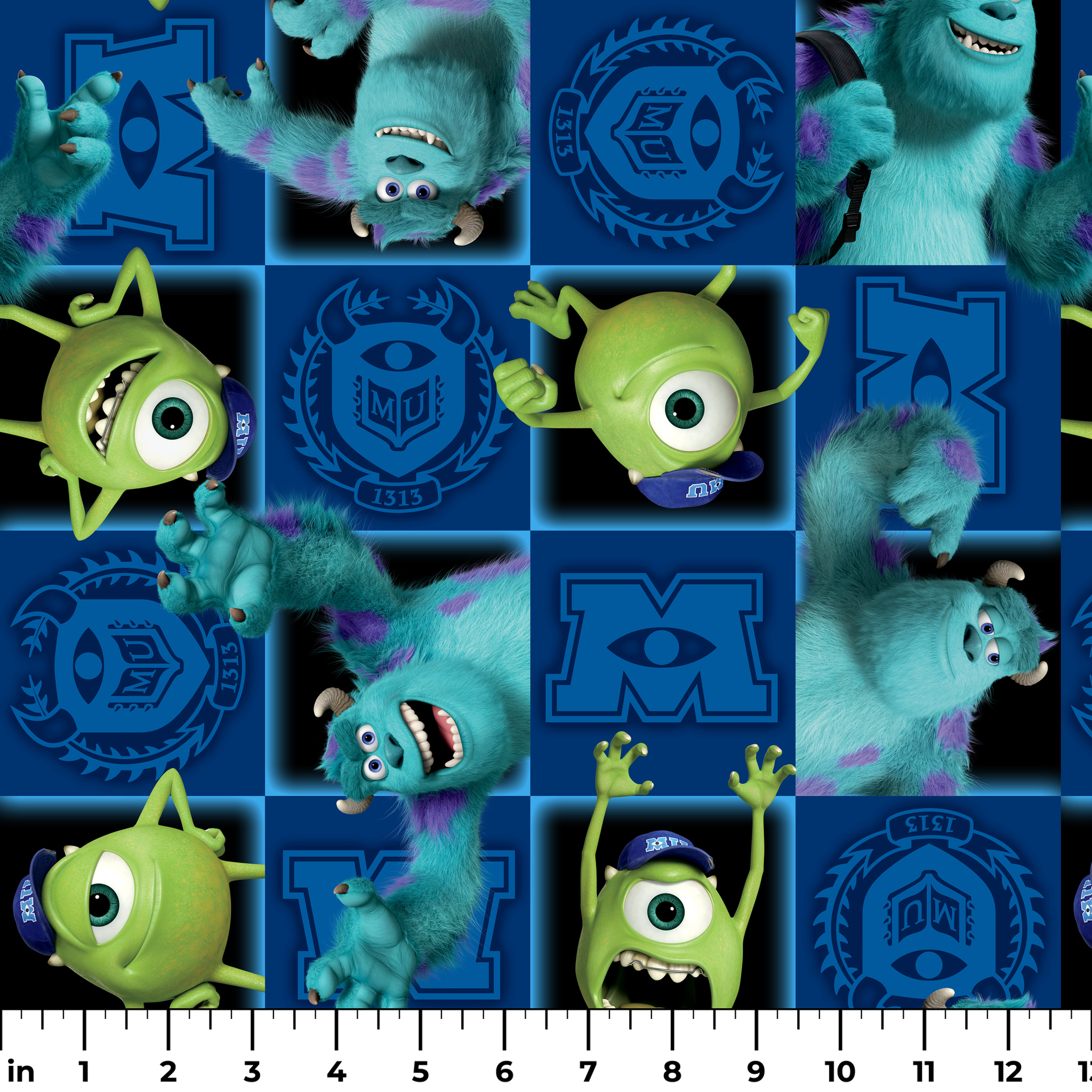 Monsters Inc characters pattern with Mike and Sulley on blue background with logos and emblems ruler