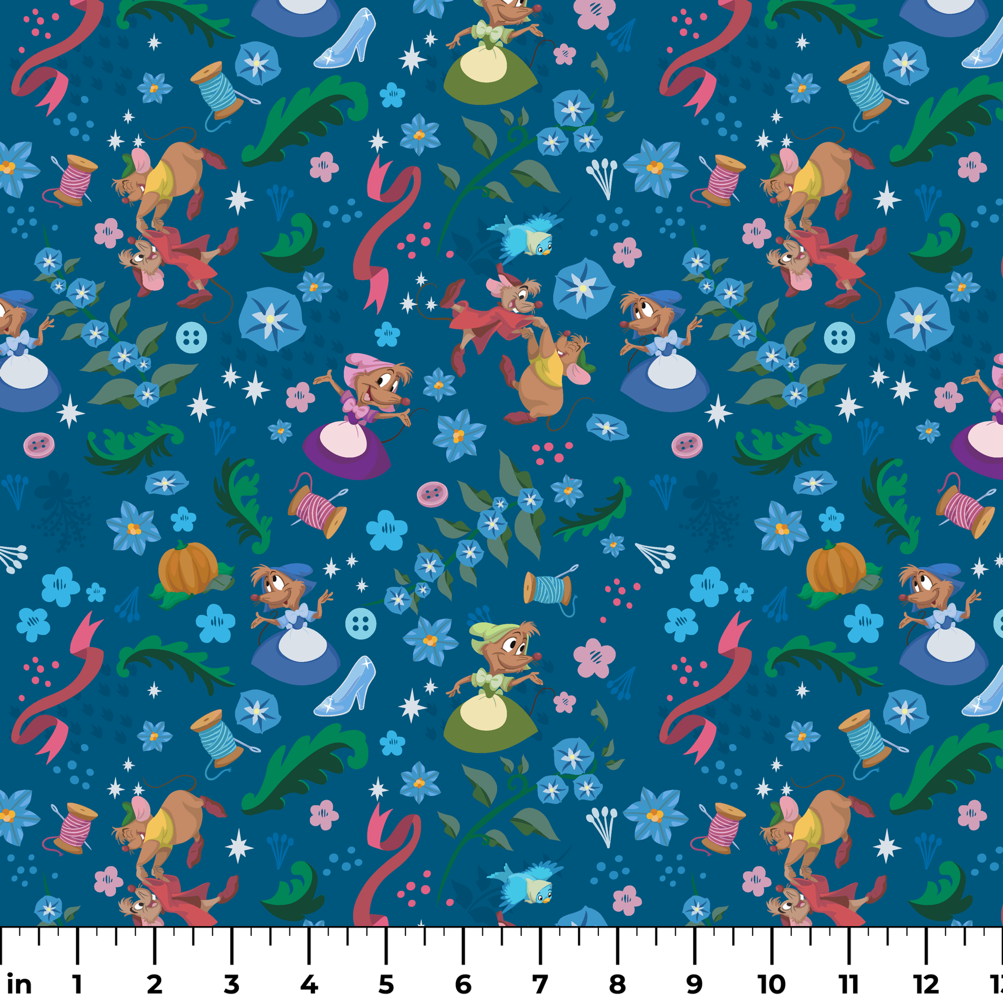 Colorful fairy tale pattern with mice, glass slippers, pumpkins, and floral elements on deep blue background ruler