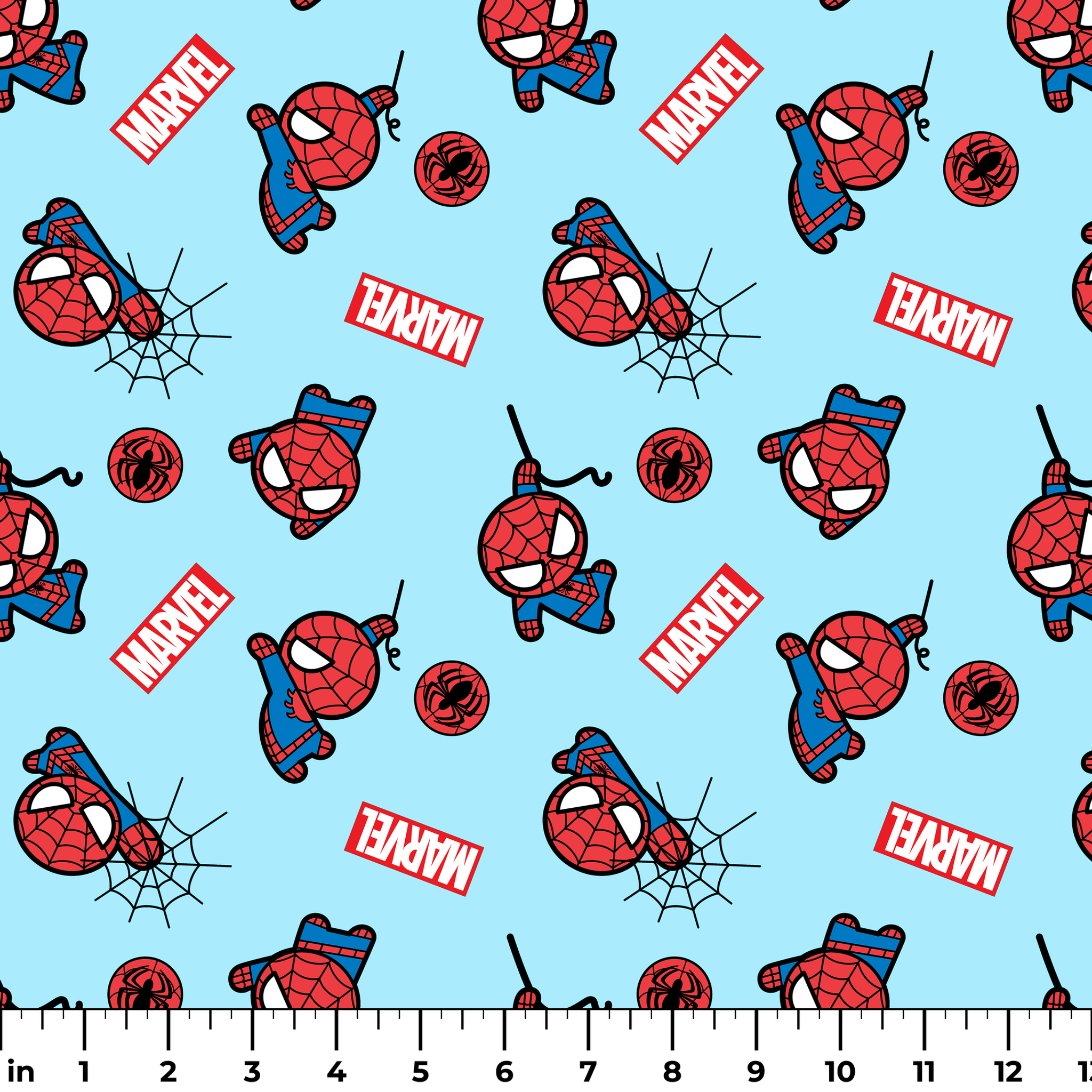 Spider-Man pattern with cartoon character poses, Marvel logos, and spider symbols on light blue background ruler