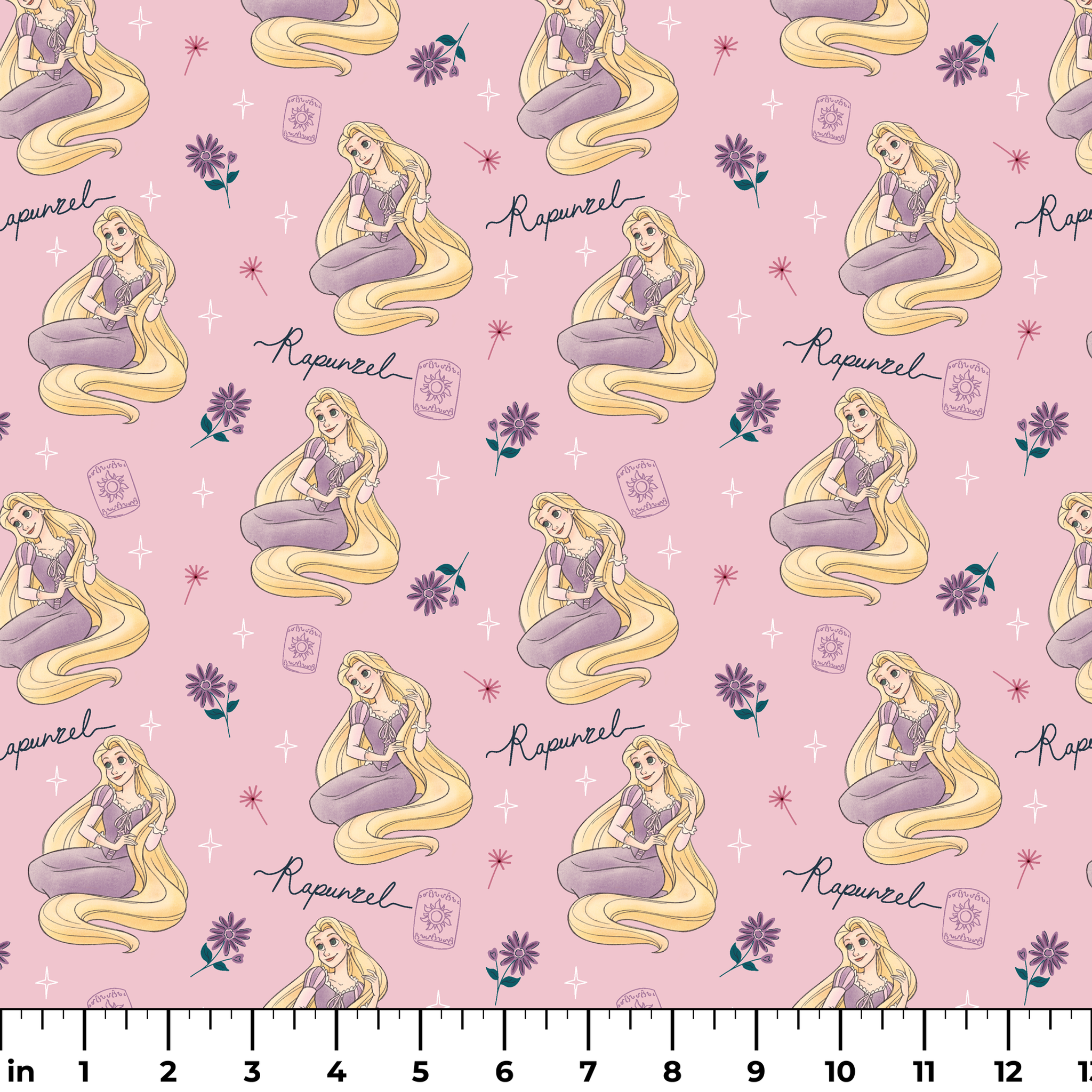 Repeating pattern of blonde character in purple dress with long flowing hair, flowers, and "Rapunzel" text on pink background ruler