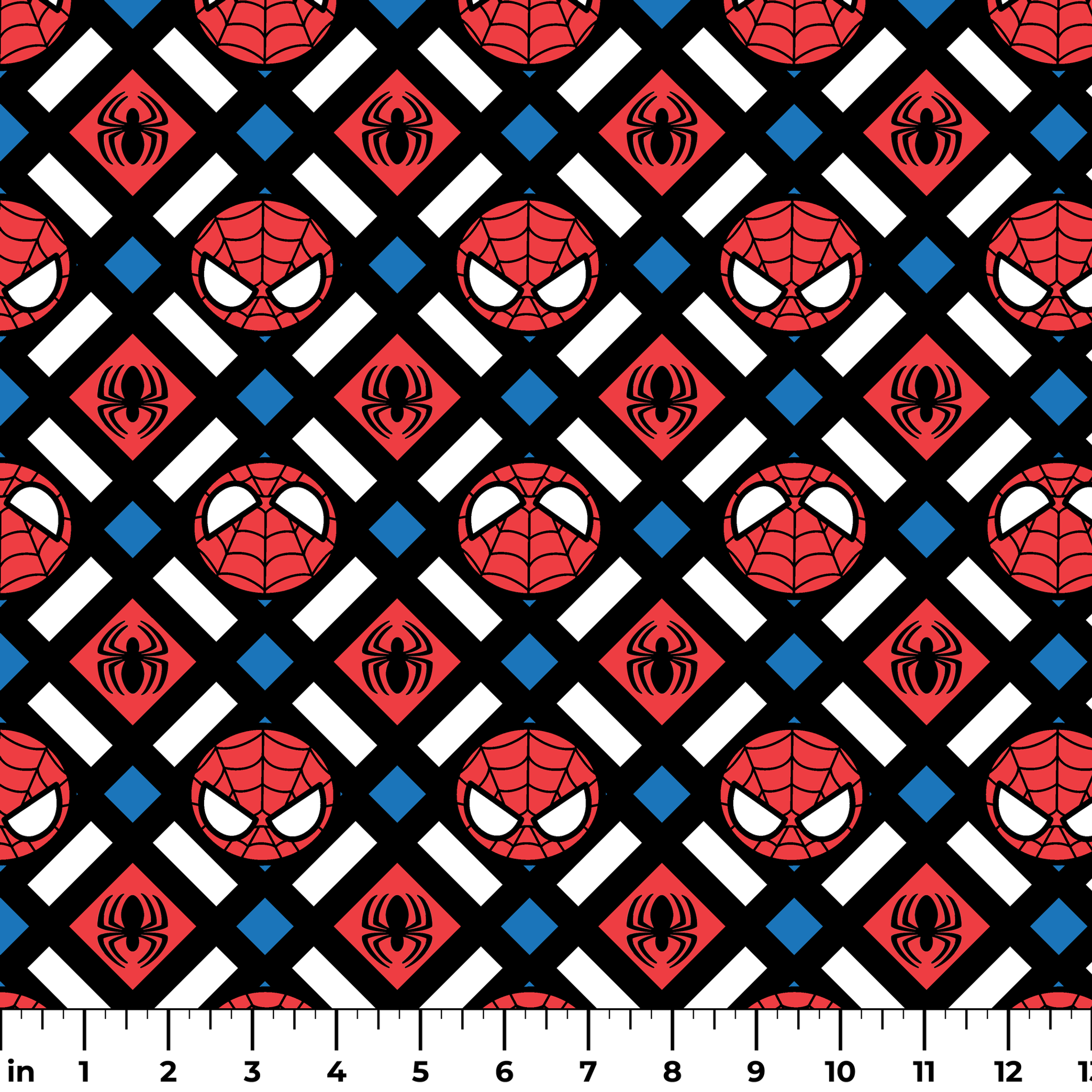 Spider-Man pattern with red masks, spider symbols, webs on black background with white X shapes and blue diamonds ruler