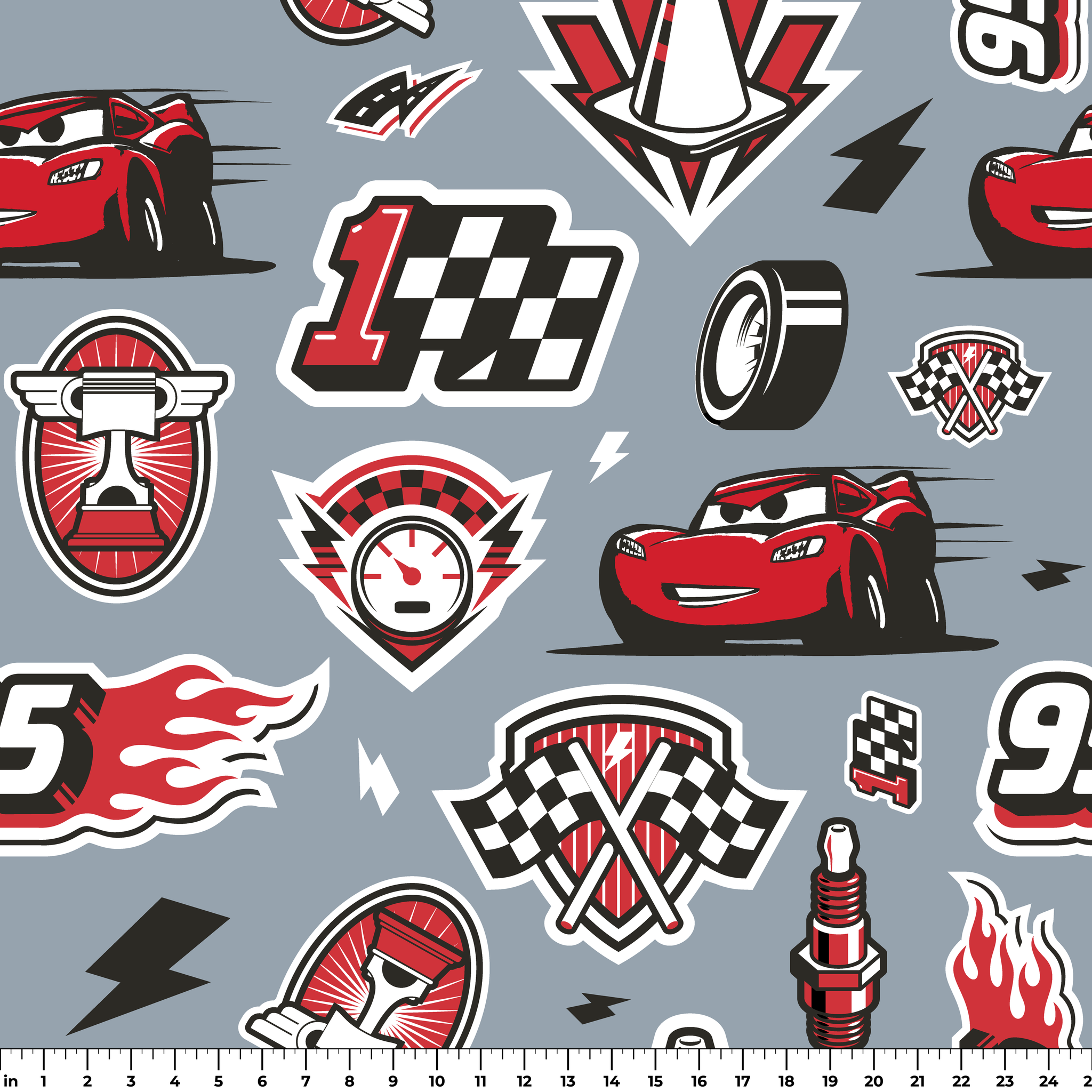 Racing pattern with red cars, checkered flags, speedometers, and racing emblems on gray background ruler