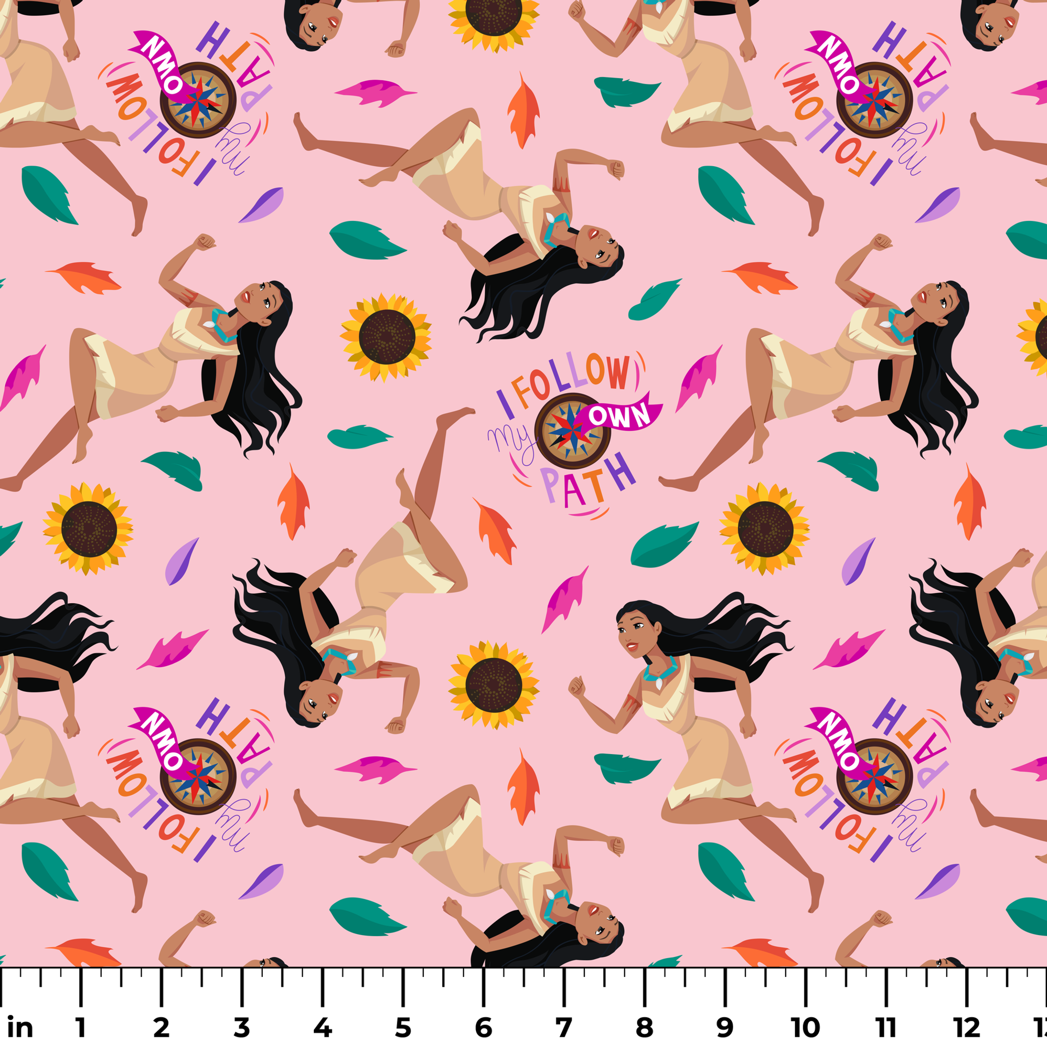 Colorful pattern with figures in relaxed poses, sunflowers, and text "Hi I Follow My Own Path" on pink background ruler