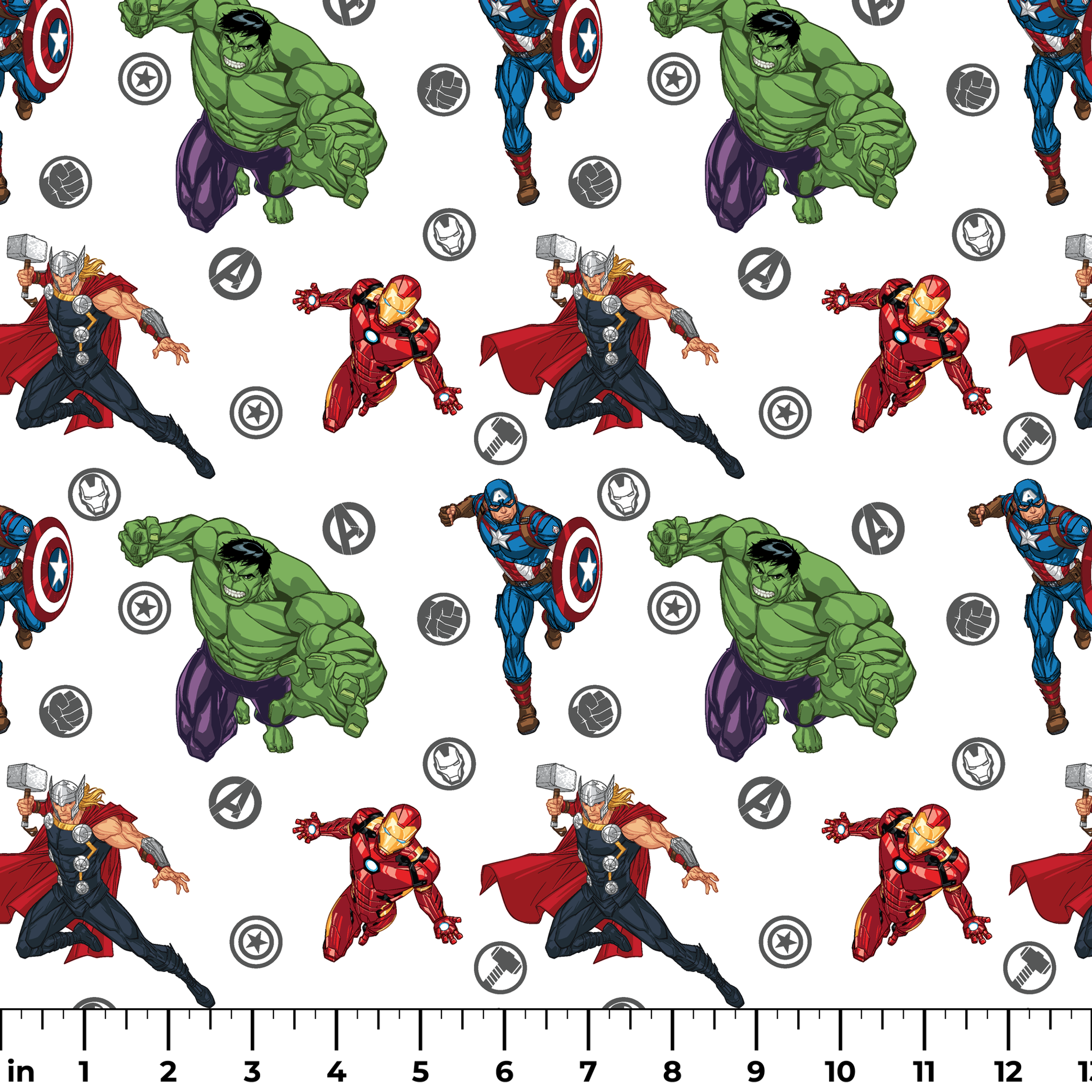 Marvel Avengers characters pattern with Hulk, Thor, Iron Man, and Captain America among superhero logos ruler