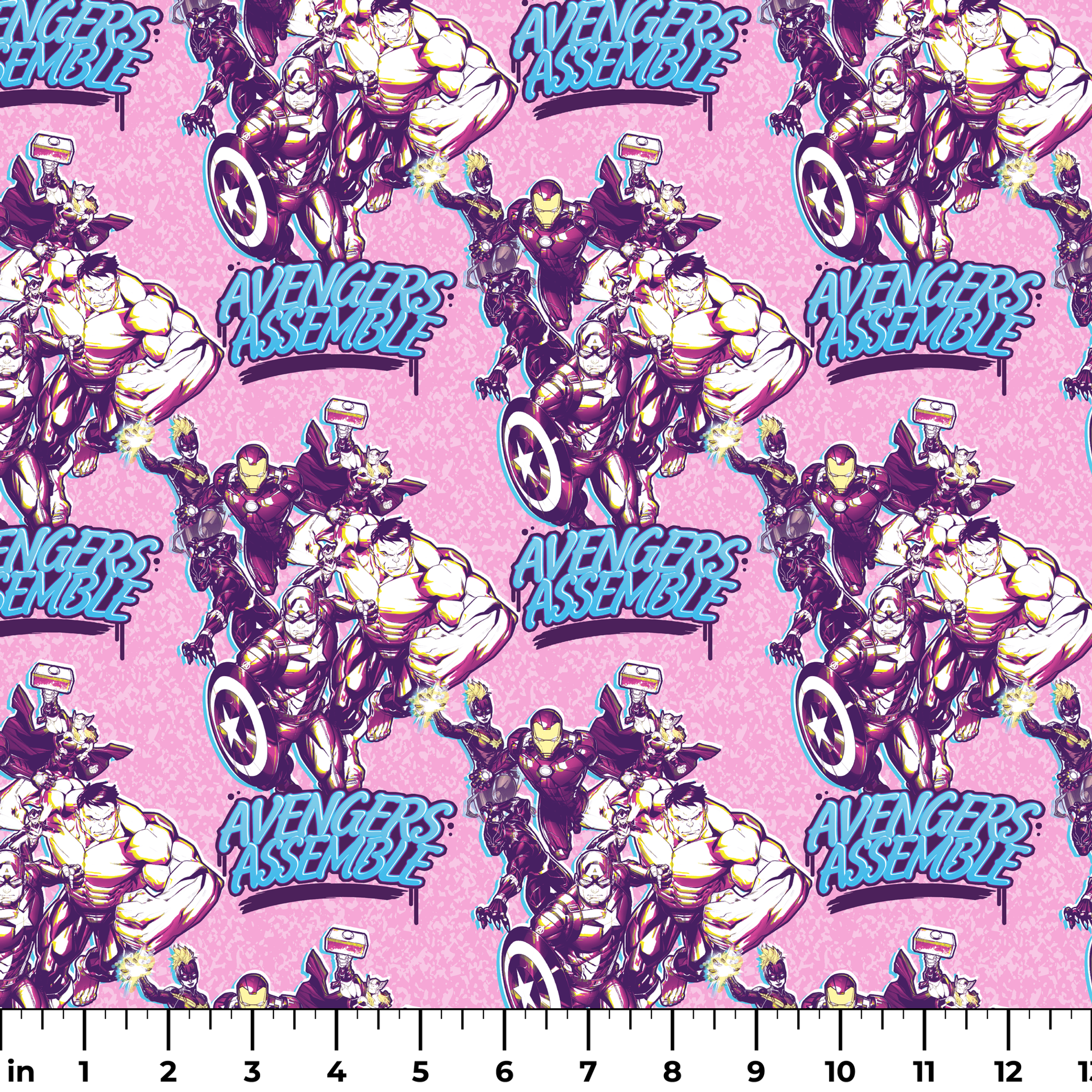 Avengers comic book characters pattern on purple background with "Avengers Assemble" text ruler