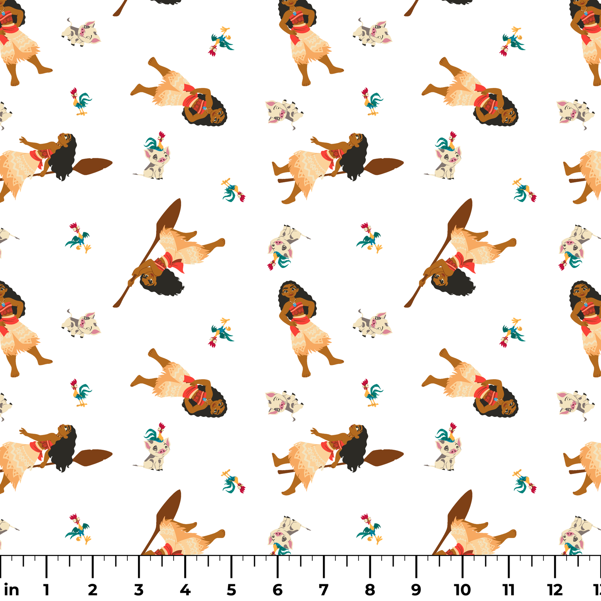 Moana pattern on white background with colorful cartoon animals in repeating design ruler