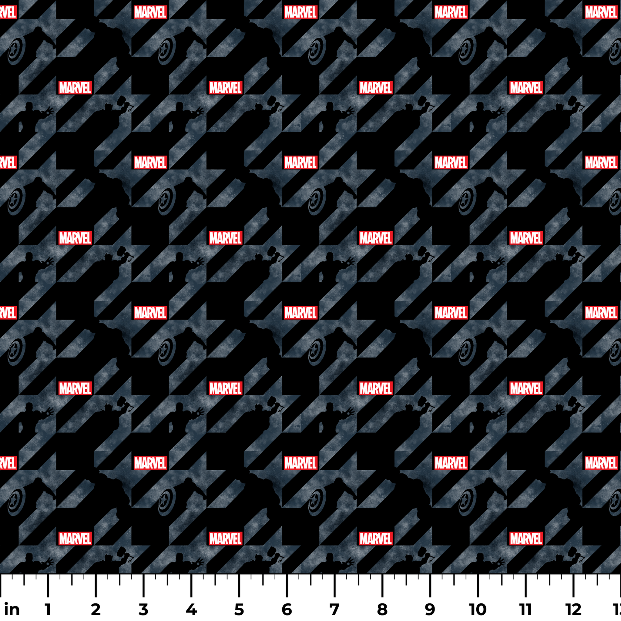 Marvel logo with silhouettes of superheroes against dark gray diagonal stripes background ruler