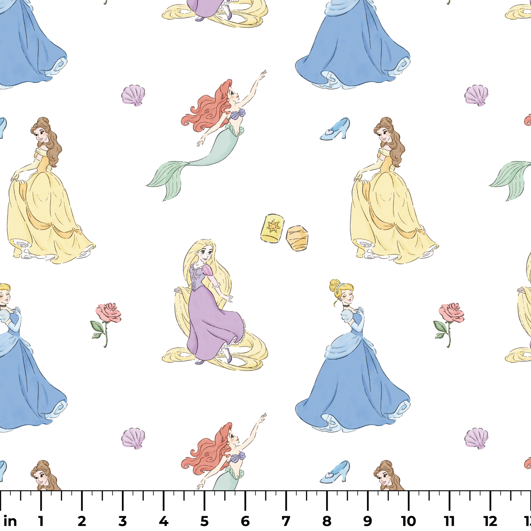 Disney princesses pattern with yellow gown, mermaid with tail, purple dress, roses and shells on light blue background. ruler