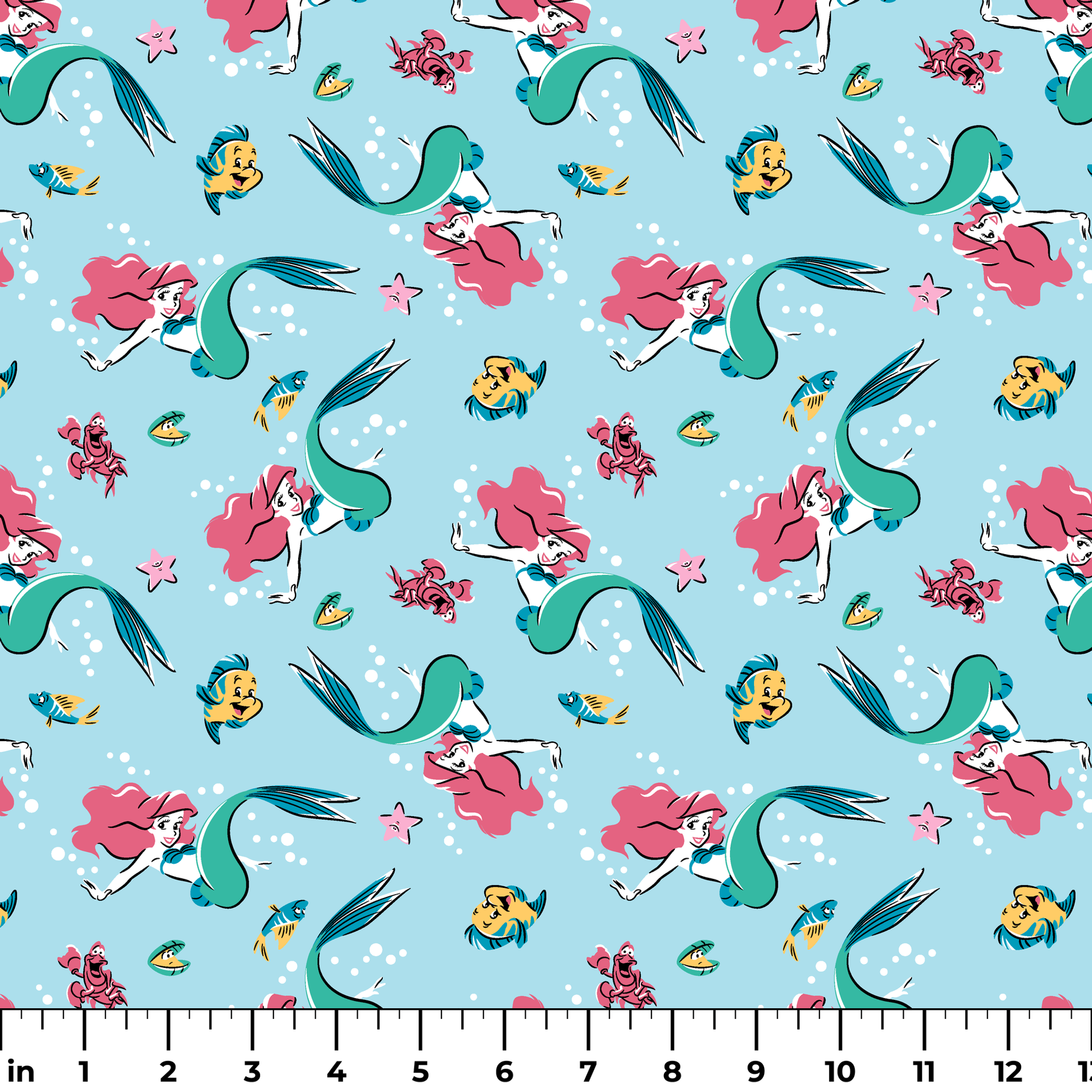 Underwater pattern with colorful mermaids, tropical fish, crabs, and starfish on light blue background ruler