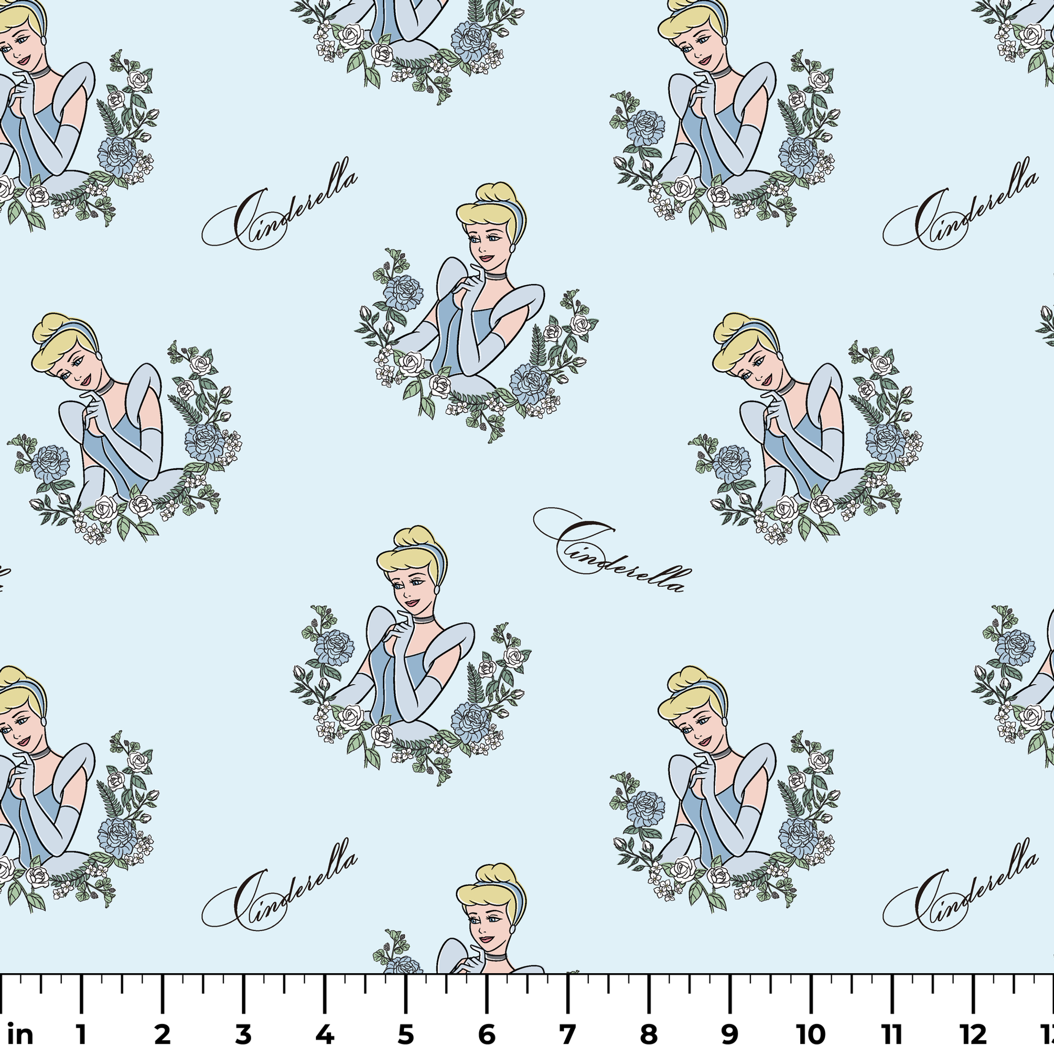 The image shows a pattern featuring a cartoon princess character in a blue dress surrounded by decorative green wreaths on a light blue background. The word "Cinderella" appears in cursive script throughout the design. ruler