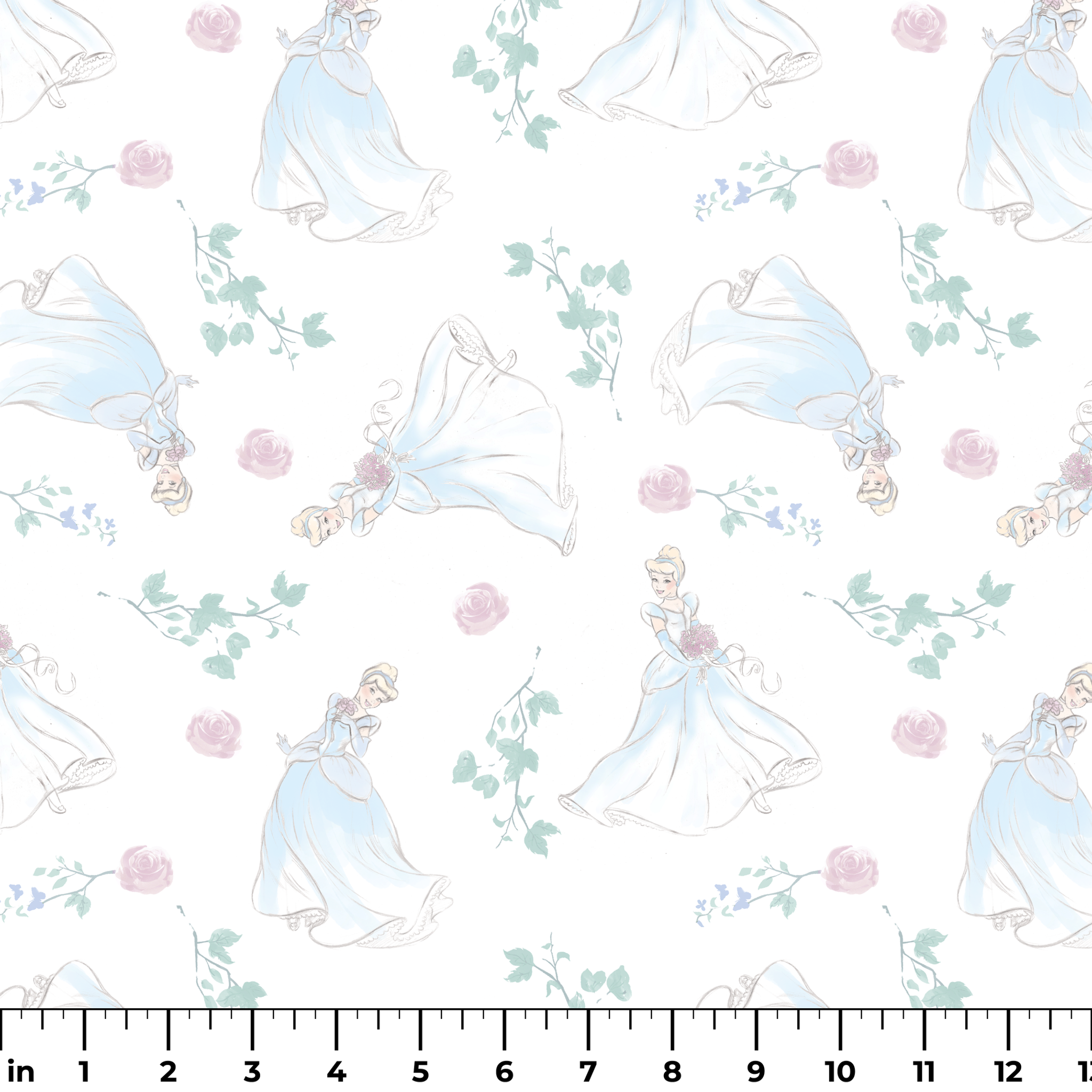 Delicate pattern of flowing blue dresses, pink roses, and mint green foliage on a light background ruler