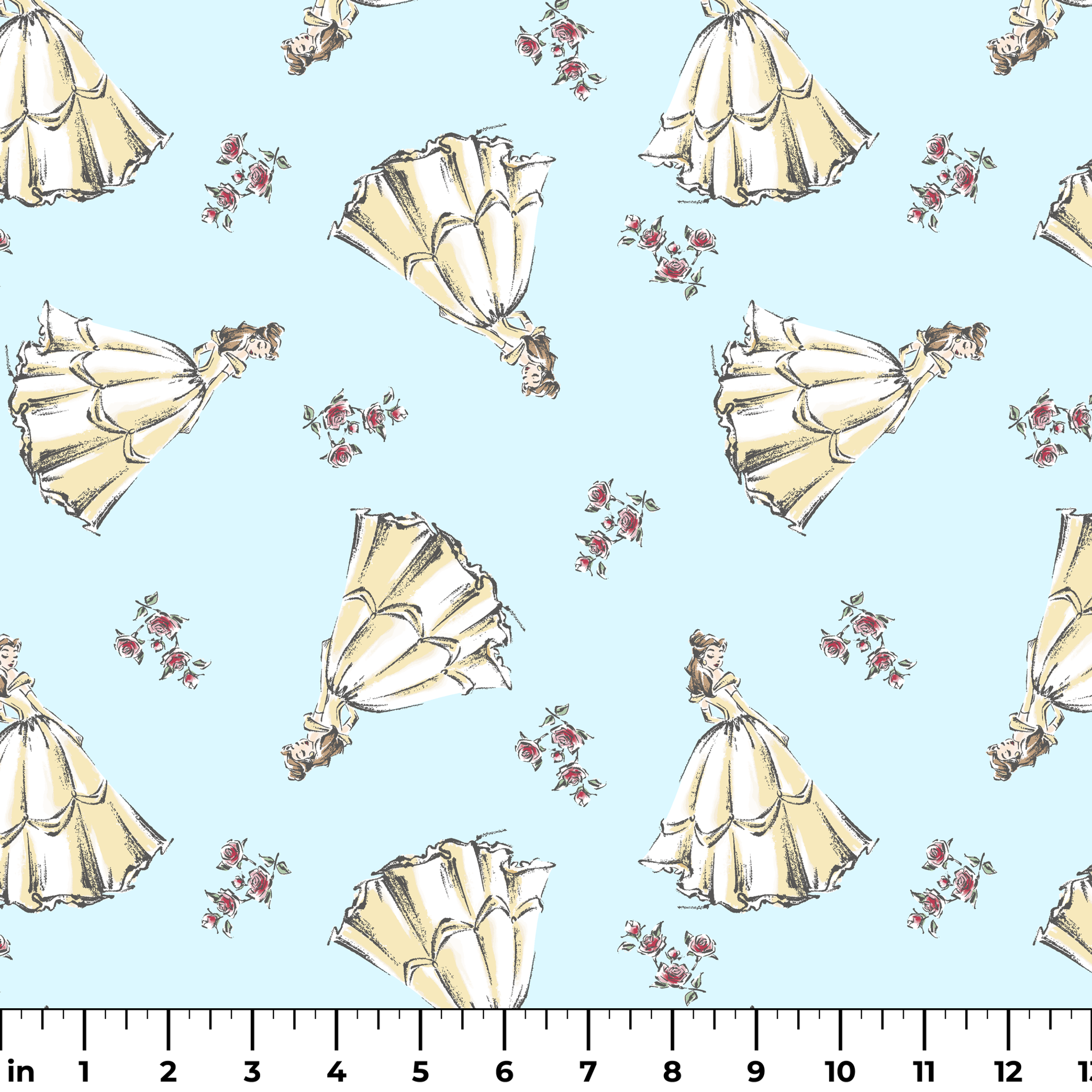 Light yellow pleated bell-shaped objects with small pink floral accents scattered on pale blue background ruler