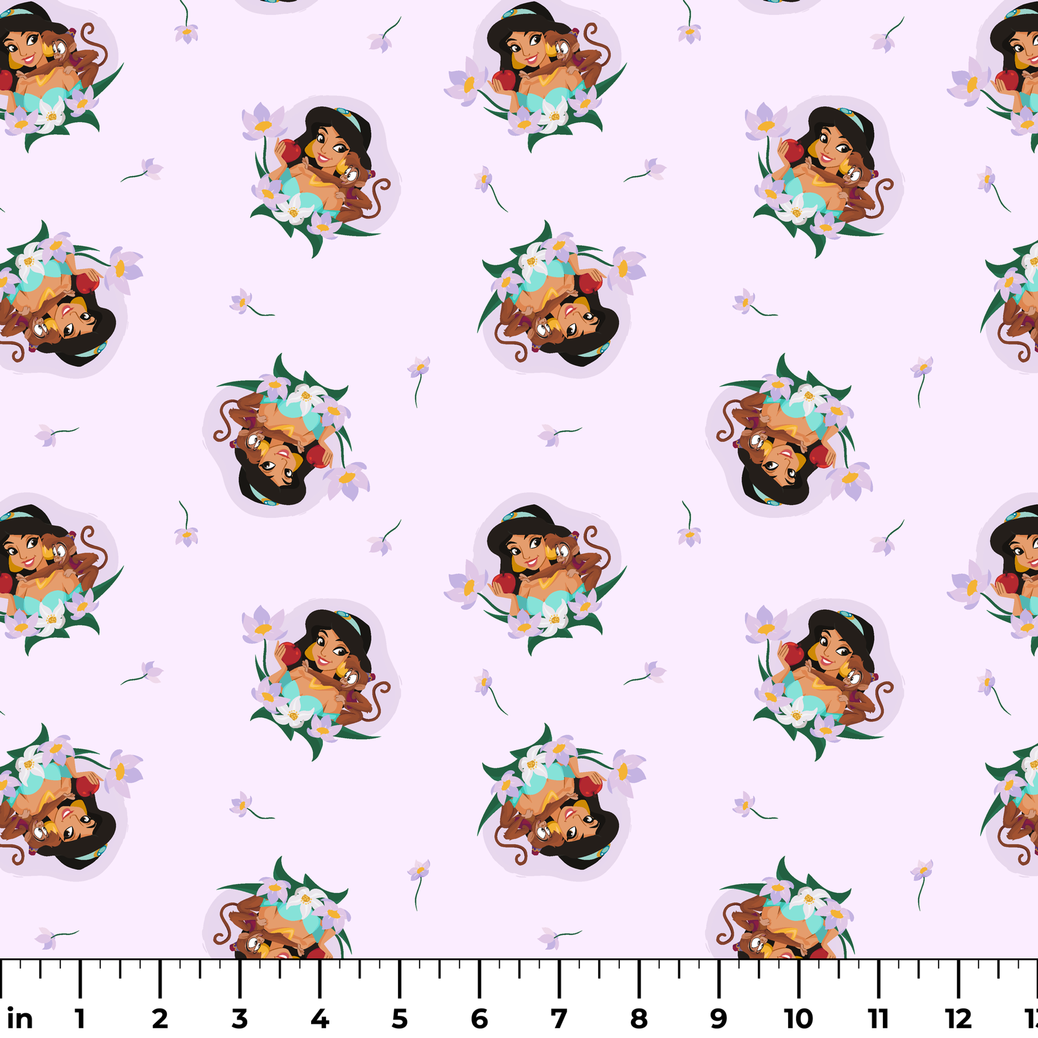 Cartoon pattern of Princess Jasmine with tiger cub surrounded by flowers on light pink background ruler