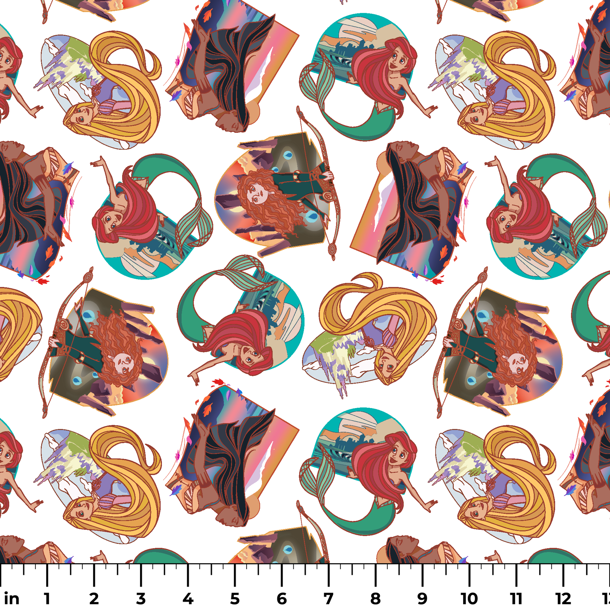 Colorful illustrated pattern of Disney princesses with curved decorative elements on white background ruler