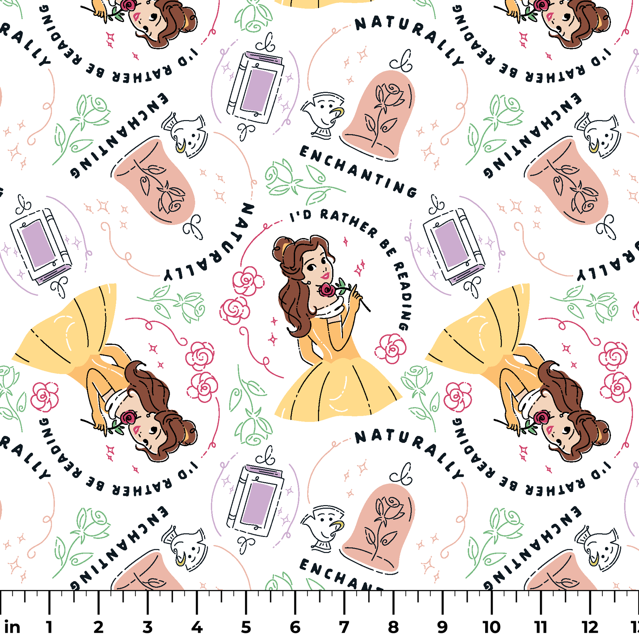 Pattern of cartoon princess in yellow dress with roses, perfume bottles, and phrases like "Enchanting" and "I'd rather be dreaming ruler