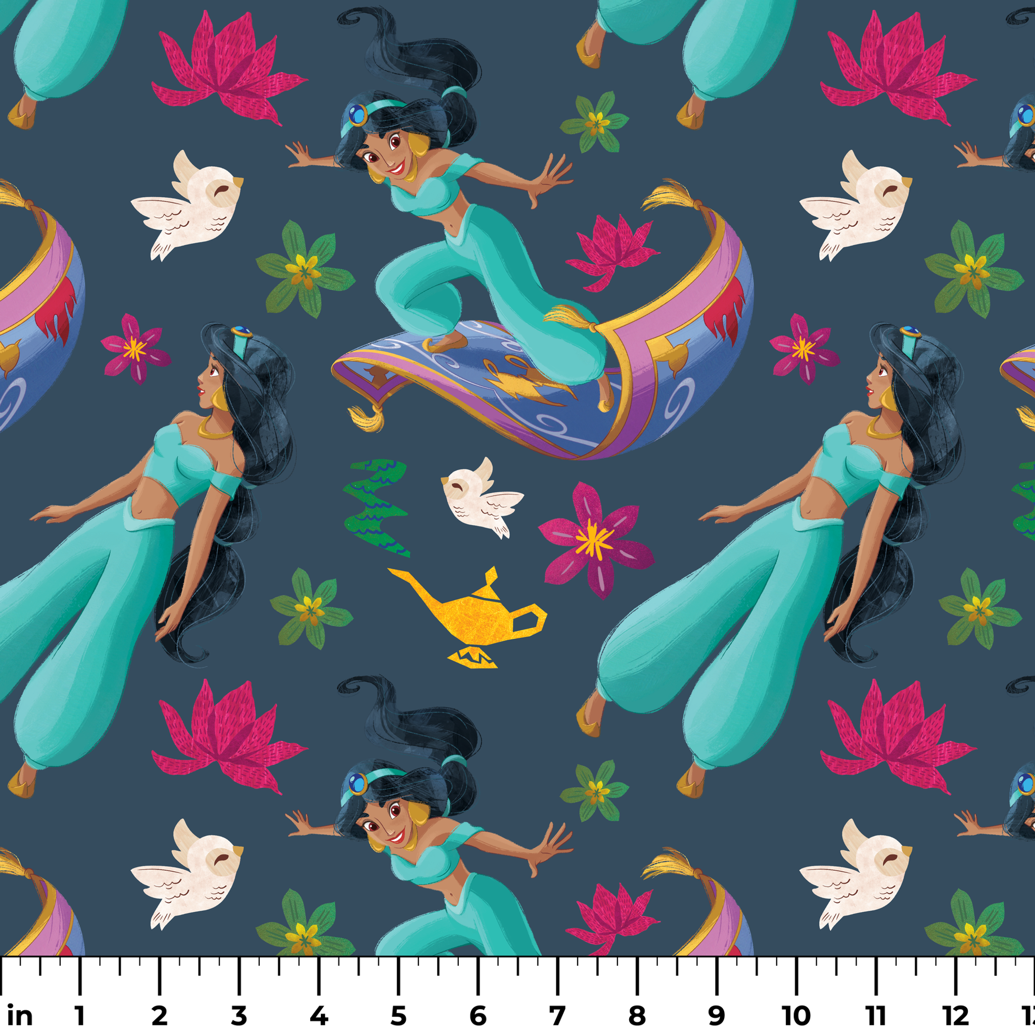 Animated characters in turquoise outfits flying on magic carpets with white doves, lotus flowers, and a golden lamp against dark background. ruler