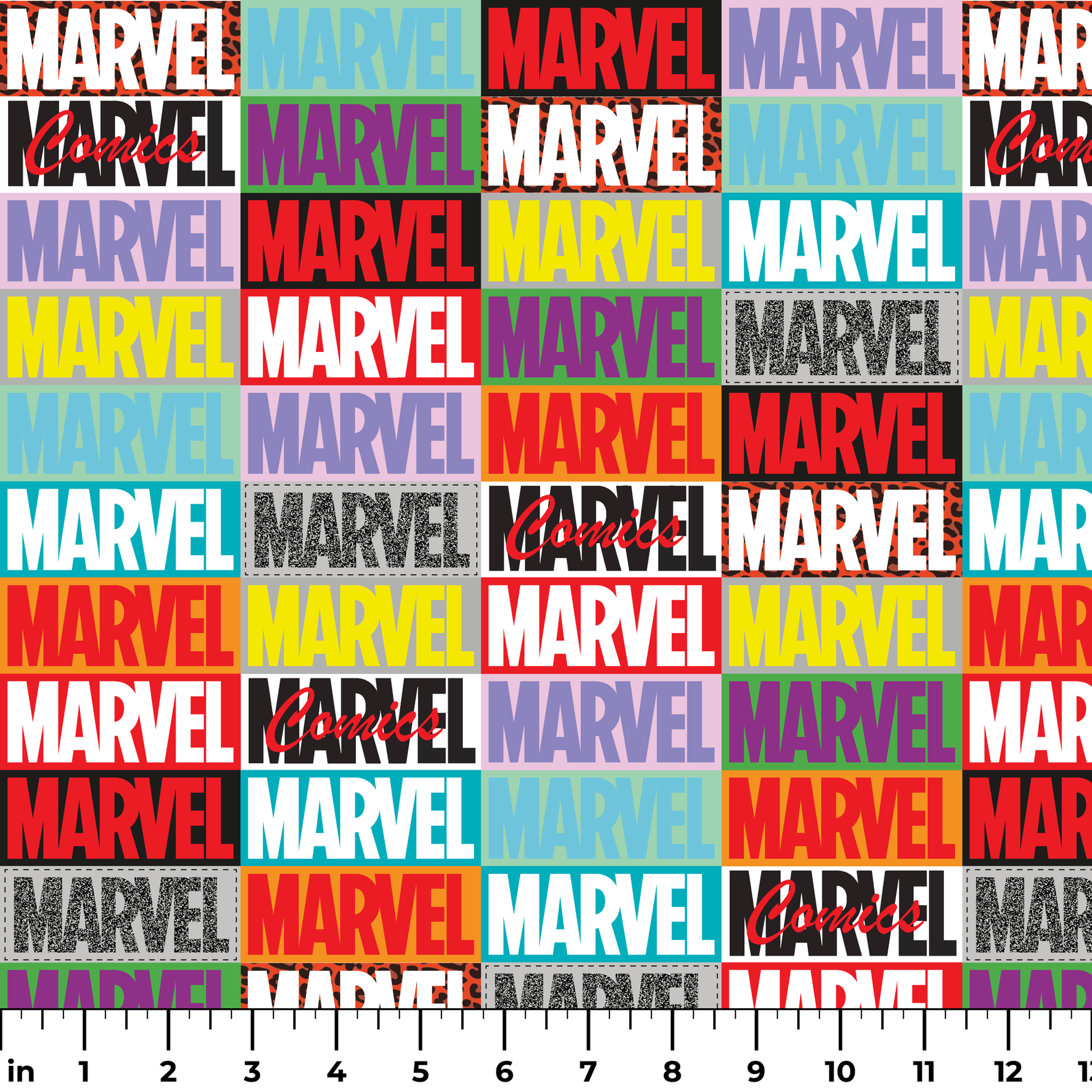 Colorful grid pattern of Marvel logos in various colors including red, blue, yellow, teal, purple, and gray against contrasting backgrounds ruler