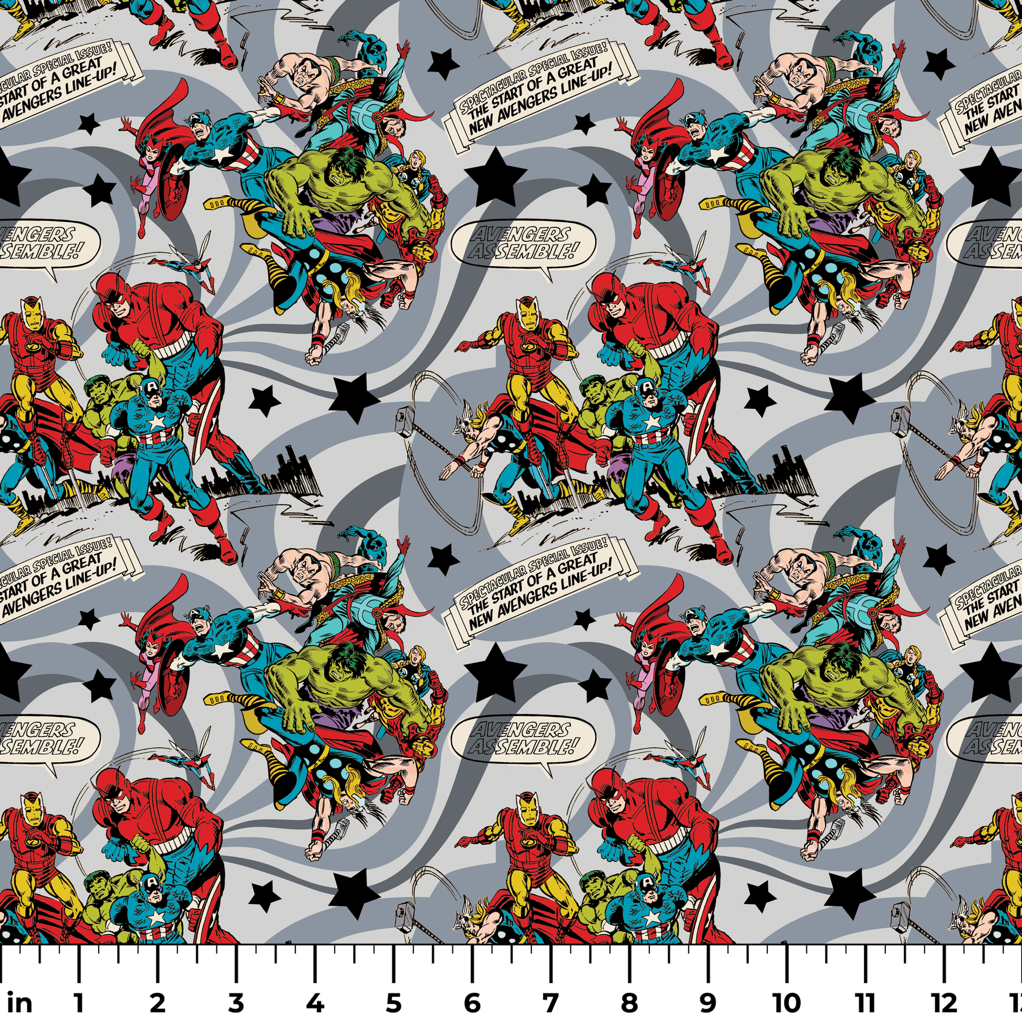 Colorful comic book style pattern with Marvel superheroes on gray background with stars and swirls ruler